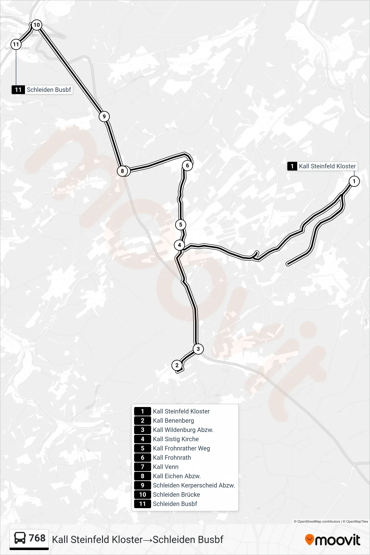 768 bus Line (Kall Steinfeld Kloster→Schleiden Busbf) route and stops on a map