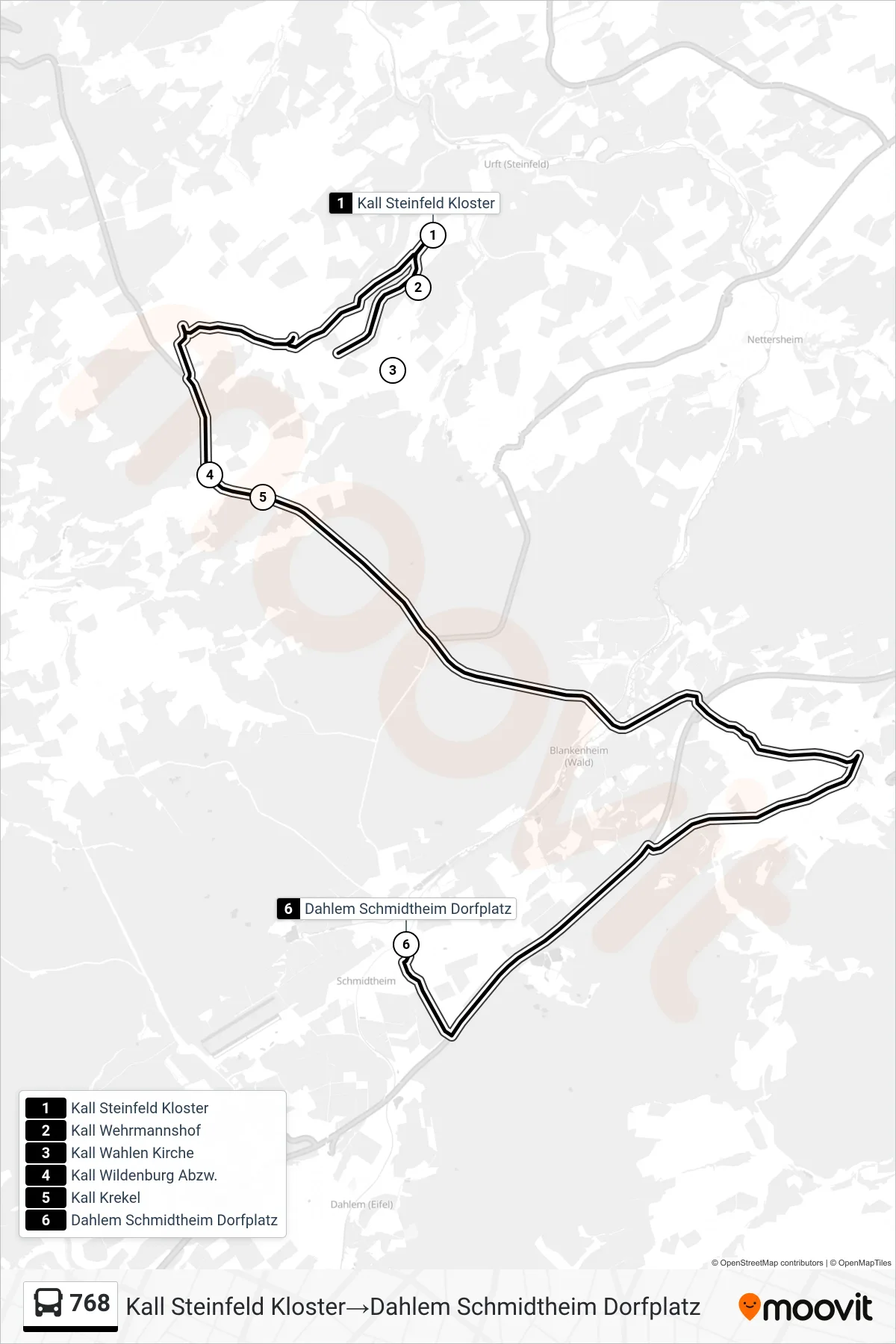 Linie 768 (Bus) Richtung Kall Steinfeld Kloster→Dahlem Schmidtheim Dorfplatz: Route und Haltestellen auf der Karte