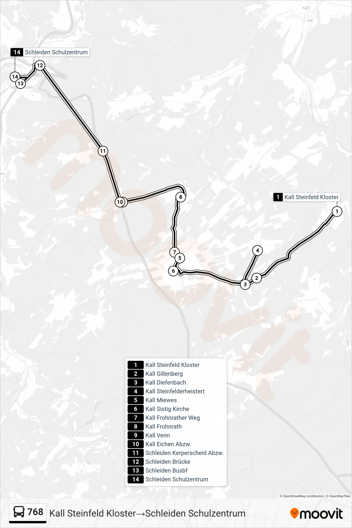 Linie 768 (Bus) Richtung Kall Steinfeld Kloster‎→Schleiden Schulzentrum: Route und Haltestellen auf der Karte