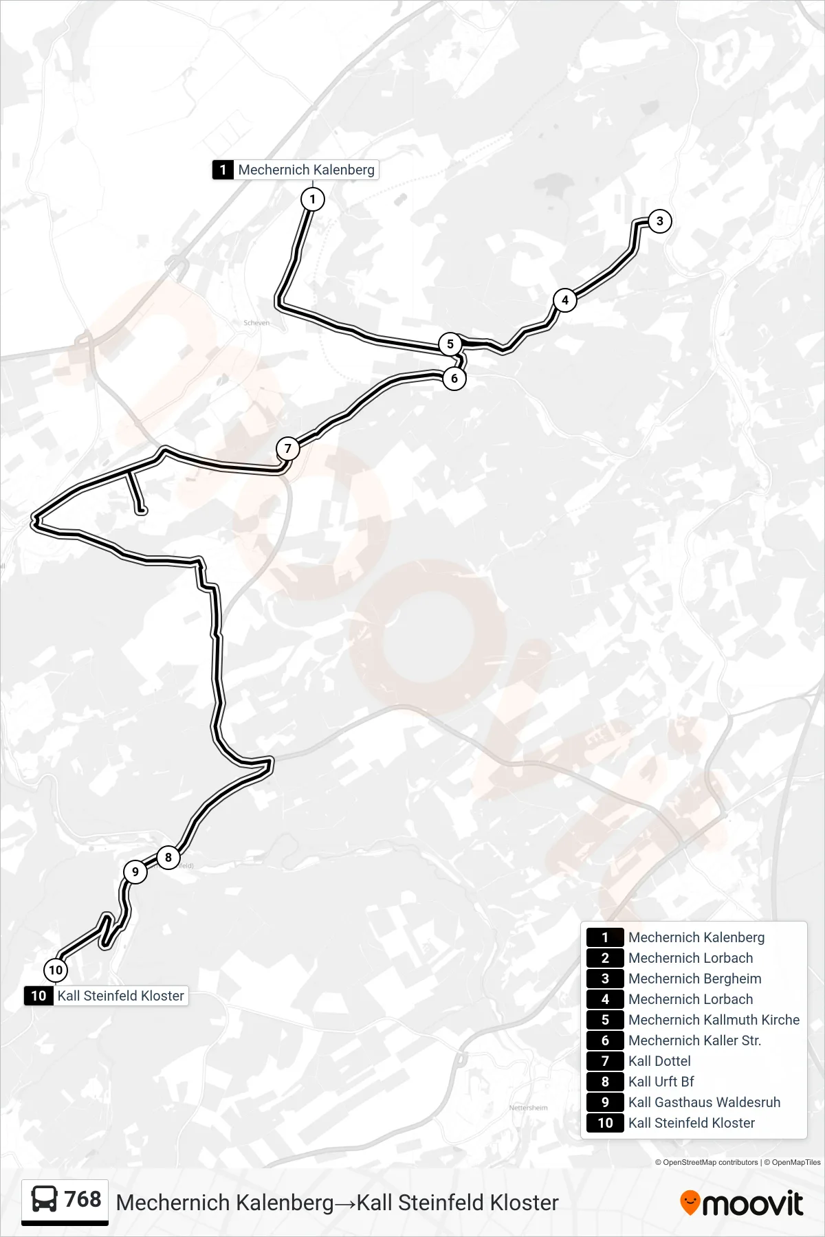 Linie 768 (Bus) Richtung Mechernich Kalenberg→Kall Steinfeld Kloster: Route und Haltestellen auf der Karte
