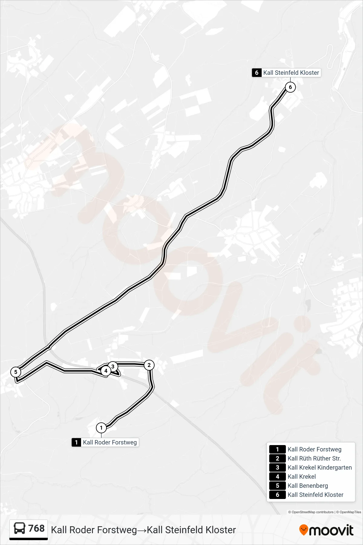 768 bus Line (Kall Roder Forstweg‎→Kall Steinfeld Kloster) route and stops on a map