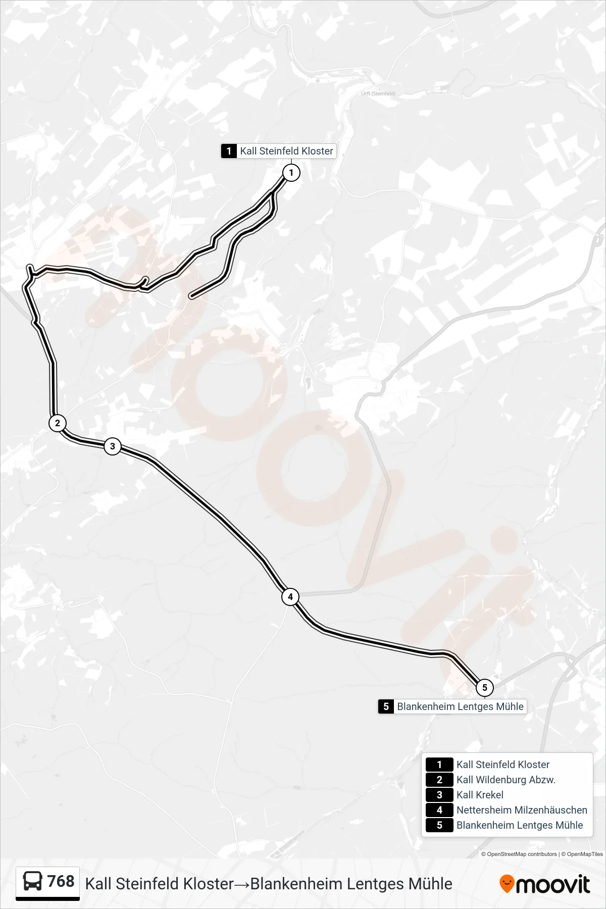 Linie 768 (Bus) Richtung Kall Steinfeld Kloster→Blankenheim Lentges Mühle: Route und Haltestellen auf der Karte