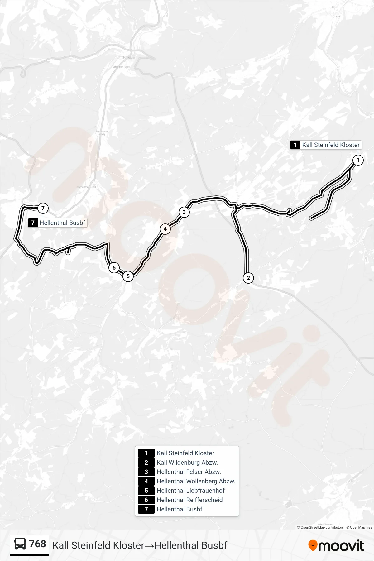 Linie 768 (Bus) Richtung Kall Steinfeld Kloster→Hellenthal Busbf: Route und Haltestellen auf der Karte