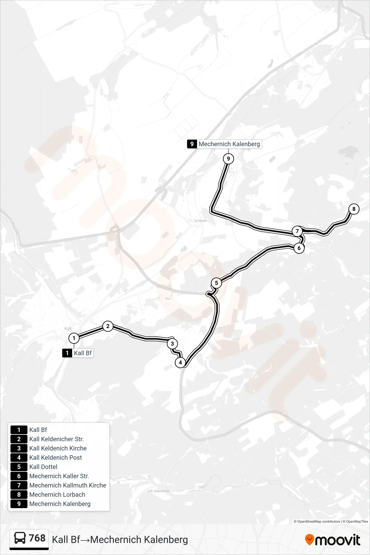 Linie 768 (Bus) Richtung Kall Bf→Mechernich Kalenberg: Route und Haltestellen auf der Karte