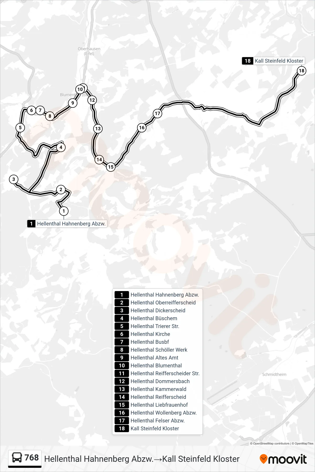Linie 768 (Bus) Richtung Hellenthal Hahnenberg Abzw.‎→Kall Steinfeld Kloster: Route und Haltestellen auf der Karte