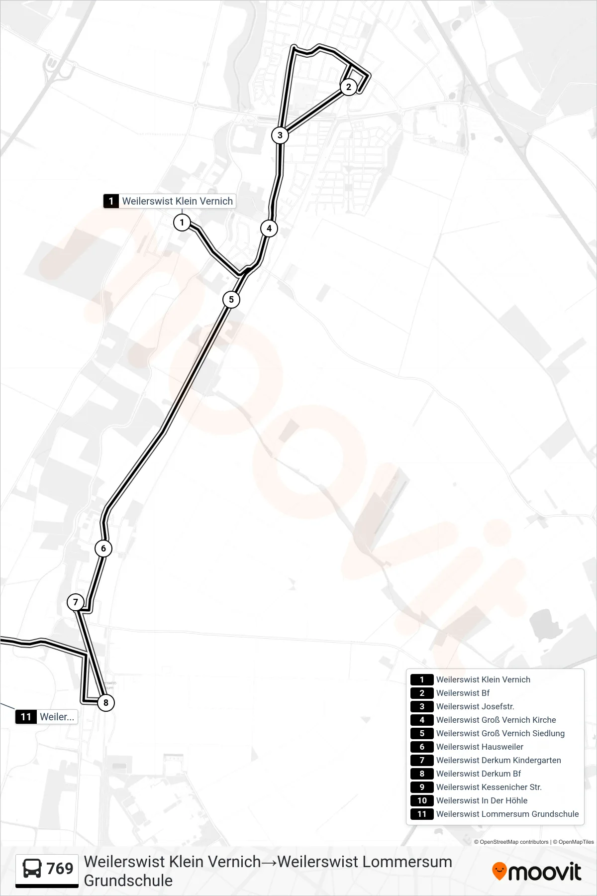 Linie 769 (Bus) Richtung Weilerswist Klein Vernich→Weilerswist Lommersum Grundschule: Route und Haltestellen auf der Karte