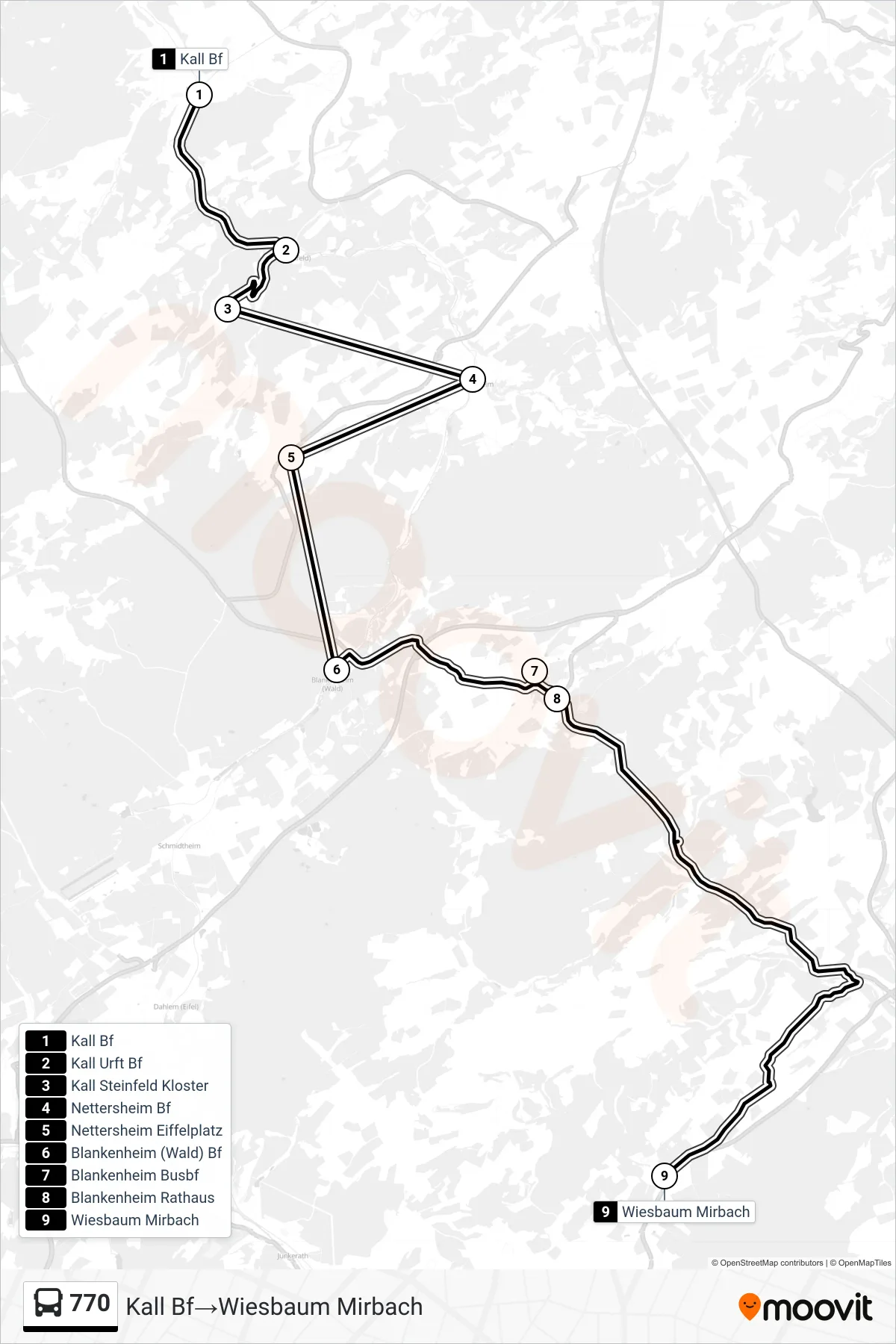 Linie 770 (Bus) Richtung Kall Bf‎→Wiesbaum Mirbach: Route und Haltestellen auf der Karte