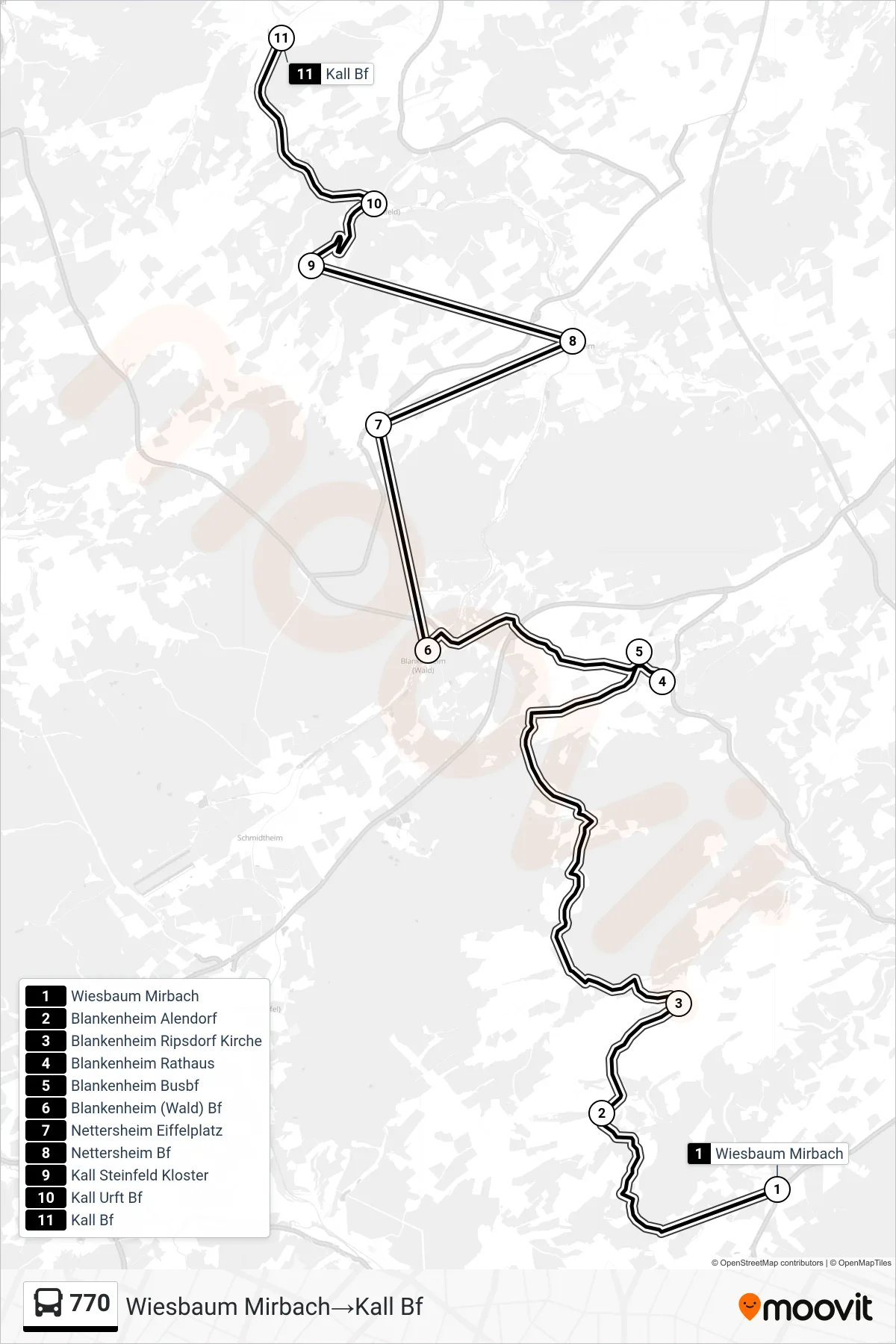 Linie 770 (Bus) Richtung Wiesbaum Mirbach→Kall Bf: Route und Haltestellen auf der Karte