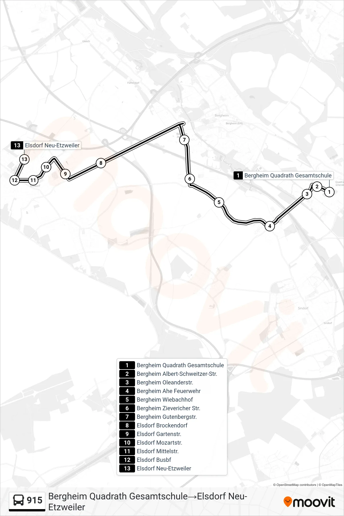 Linie 915 (Bus) Richtung Bergheim Quadrath Gesamtschule‎→Elsdorf Neu-Etzweiler: Route und Haltestellen auf der Karte