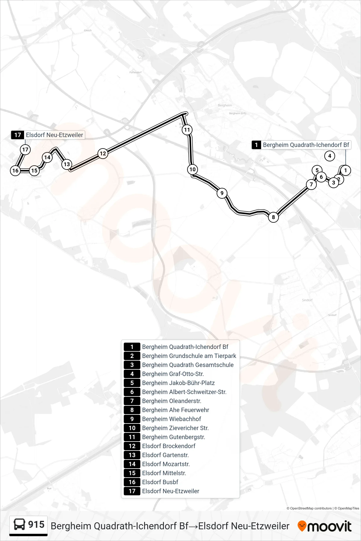 Linie 915 (Bus) Richtung Bergheim Quadrath-Ichendorf Bf→Elsdorf Neu-Etzweiler: Route und Haltestellen auf der Karte