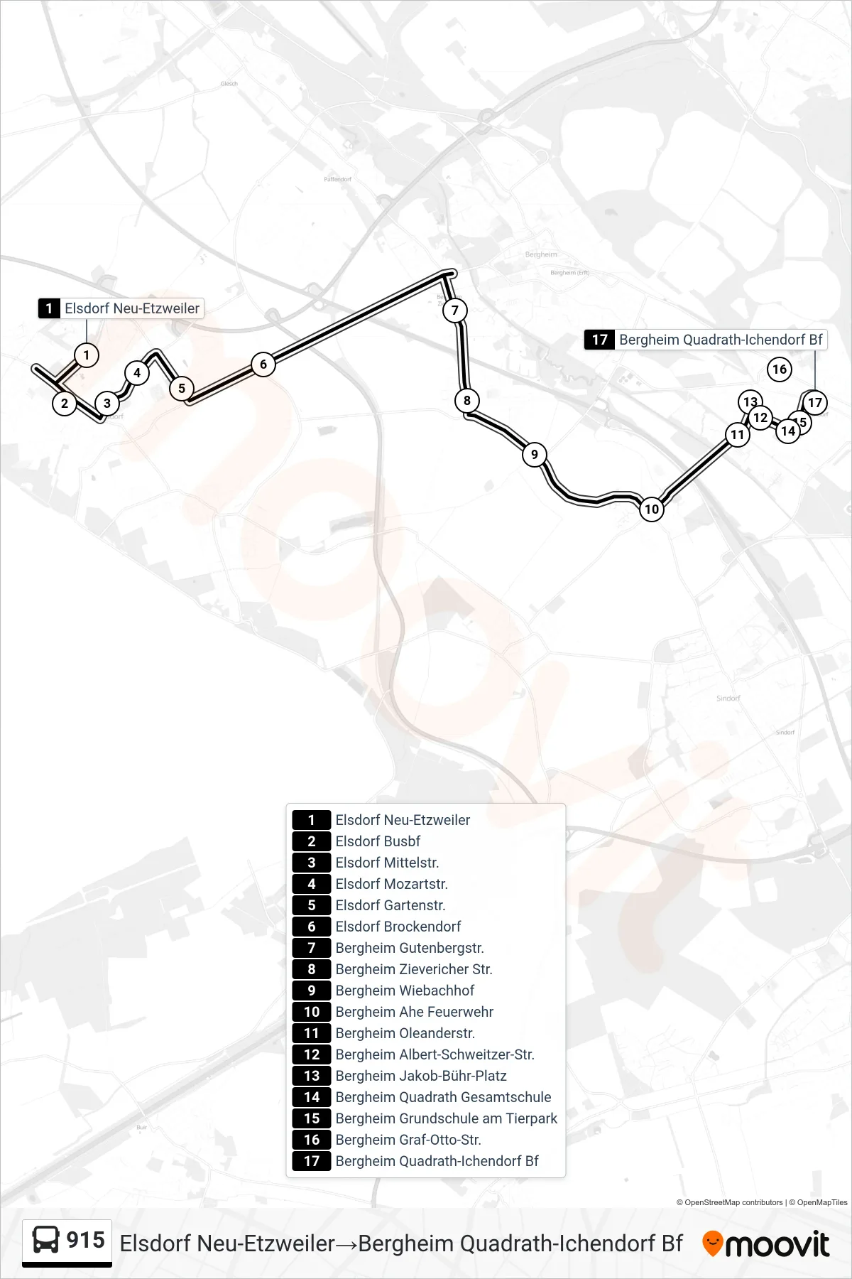 Linie 915 (Bus) Richtung Elsdorf Neu-Etzweiler‎→Bergheim Quadrath-Ichendorf Bf: Route und Haltestellen auf der Karte