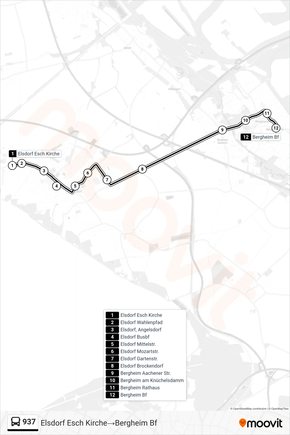 Linie 937 (Bus) Richtung Elsdorf Esch Kirche‎→Bergheim Bf: Route und Haltestellen auf der Karte
