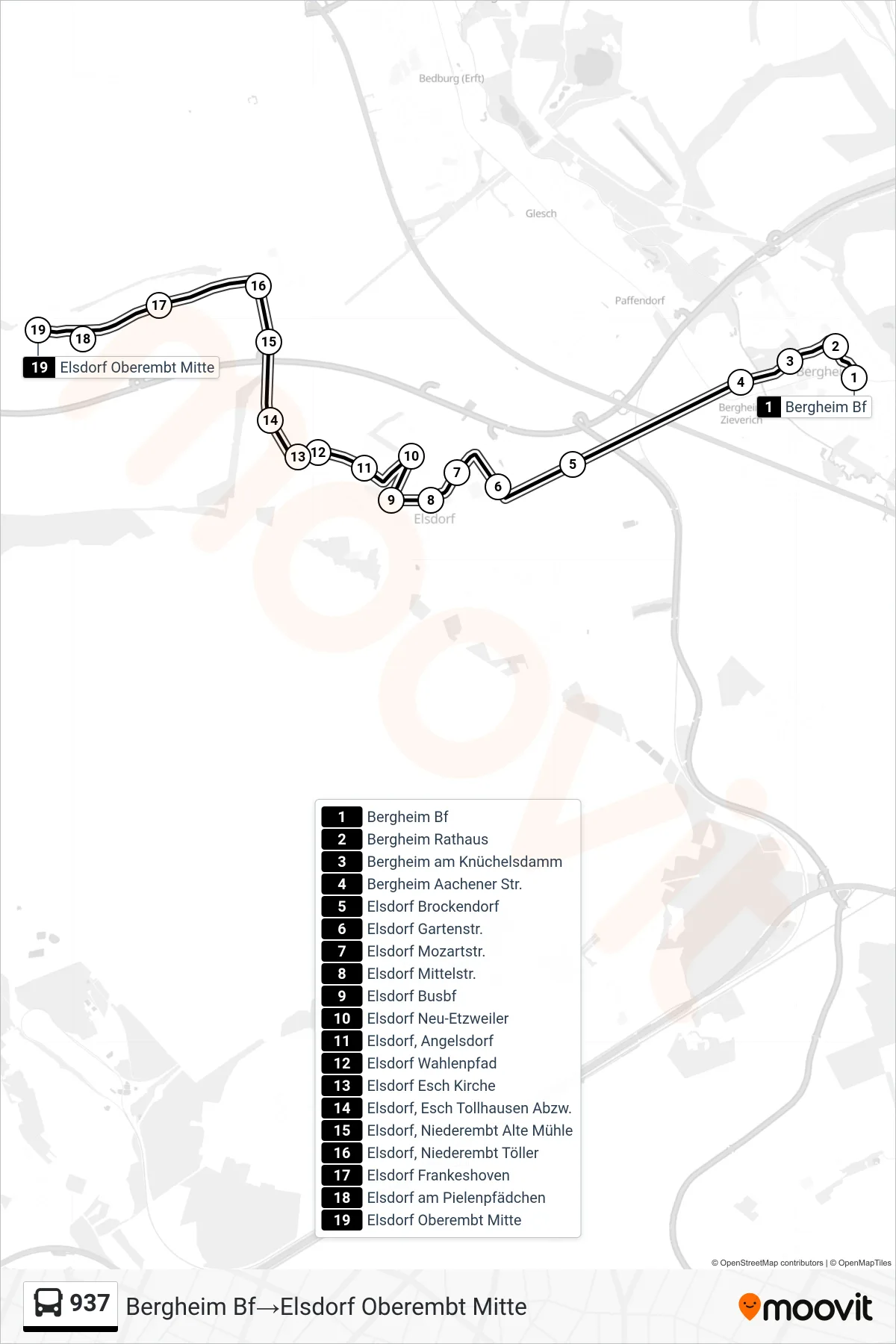 Linie 937 (Bus) Richtung Bergheim Bf‎→Elsdorf Oberembt Mitte: Route und Haltestellen auf der Karte