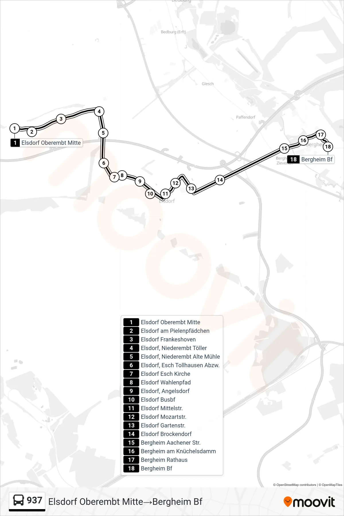 Linie 937 (Bus) Richtung Elsdorf Oberembt Mitte‎→Bergheim Bf: Route und Haltestellen auf der Karte
