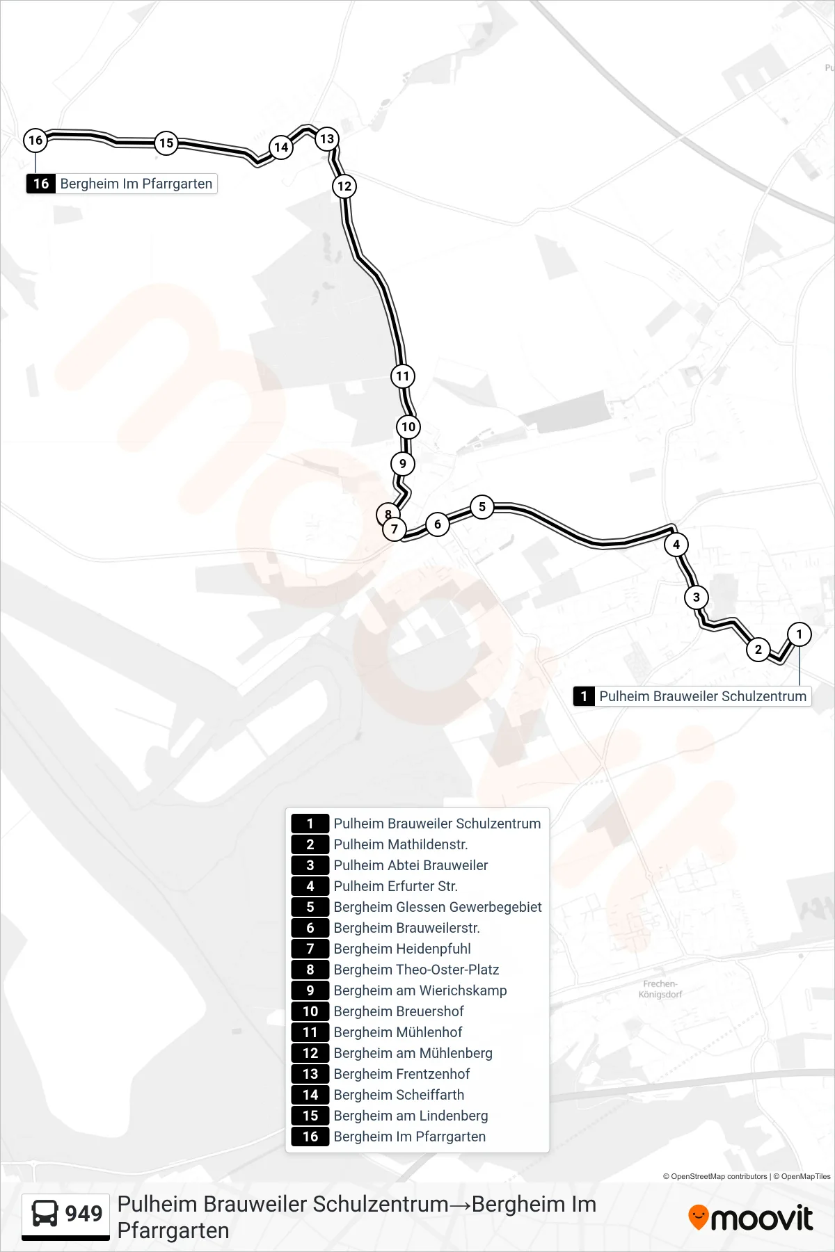 Linie 949 (Bus) Richtung Pulheim Brauweiler Schulzentrum→Bergheim Im Pfarrgarten: Route und Haltestellen auf der Karte