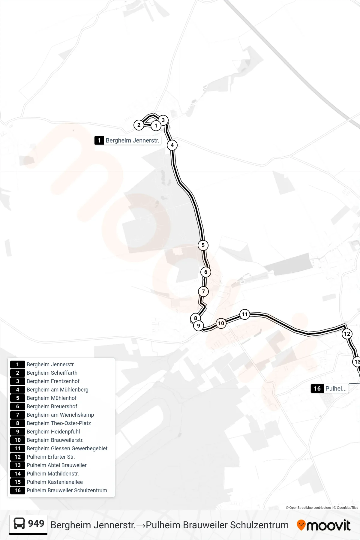 Linie 949 (Bus) Richtung Bergheim Jennerstr.‎→Pulheim Brauweiler Schulzentrum: Route und Haltestellen auf der Karte