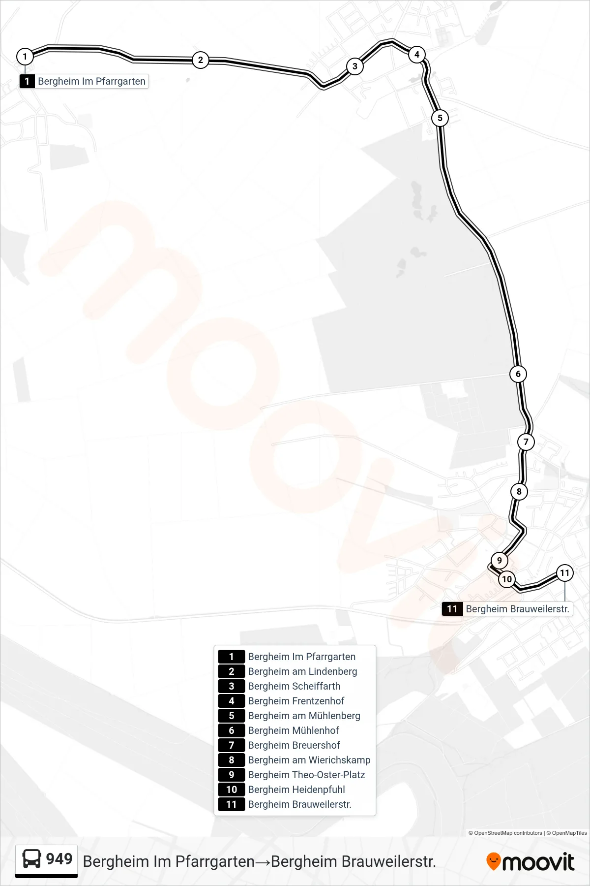 Linie 949 (Bus) Richtung Bergheim Im Pfarrgarten→Bergheim Brauweilerstr.: Route und Haltestellen auf der Karte