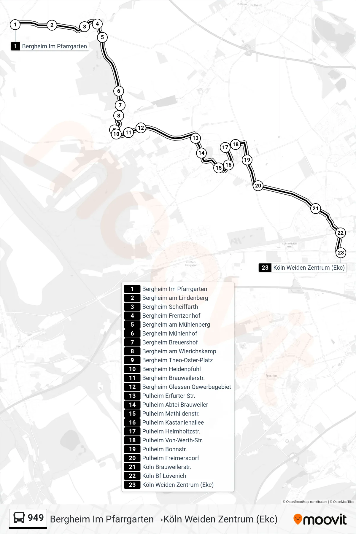 Linie 949 (Bus) Richtung Bergheim Im Pfarrgarten→Köln Weiden Zentrum (Ekc): Route und Haltestellen auf der Karte