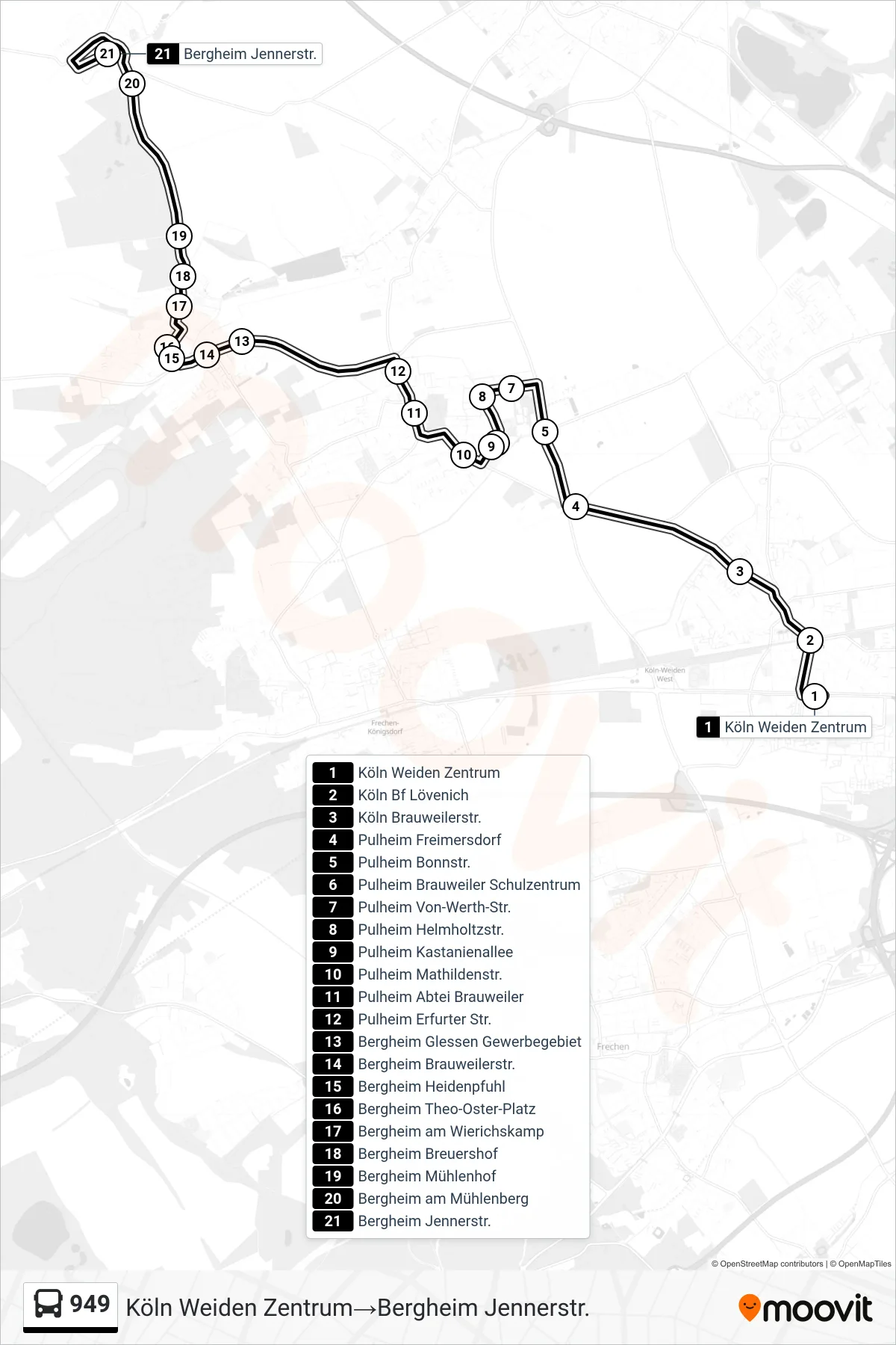 Linie 949 (Bus) Richtung Köln Weiden Zentrum→Bergheim Jennerstr.: Route und Haltestellen auf der Karte