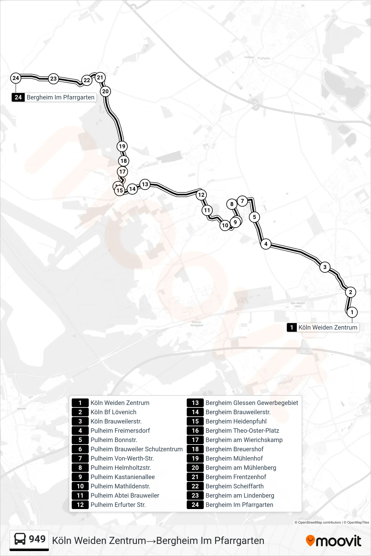 949 bus Line (Köln Weiden Zentrum‎→Bergheim Im Pfarrgarten) route and stops on a map