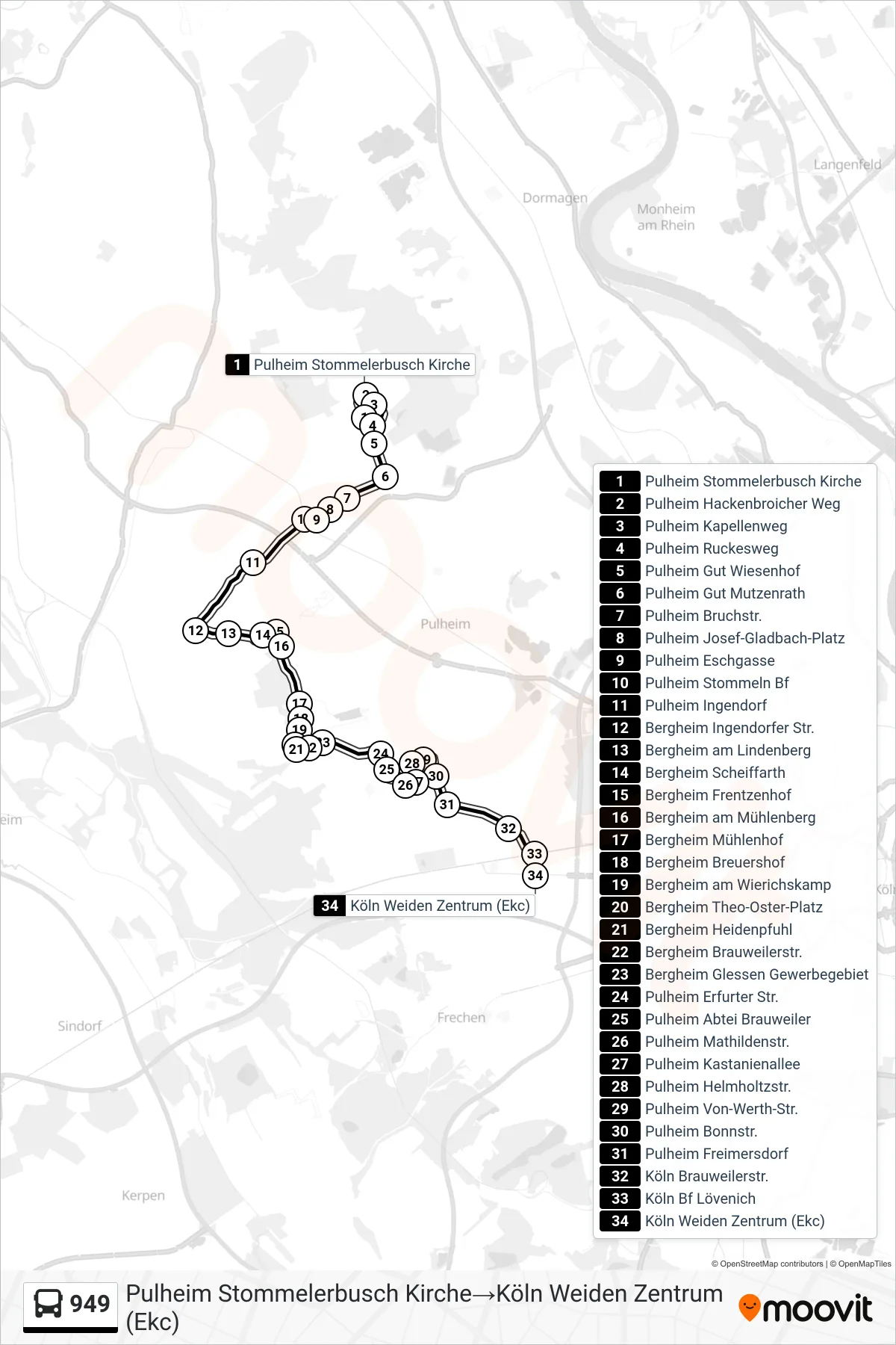 Linie 949 (Bus) Richtung Pulheim Stommelerbusch Kirche→Köln Weiden Zentrum (Ekc): Route und Haltestellen auf der Karte