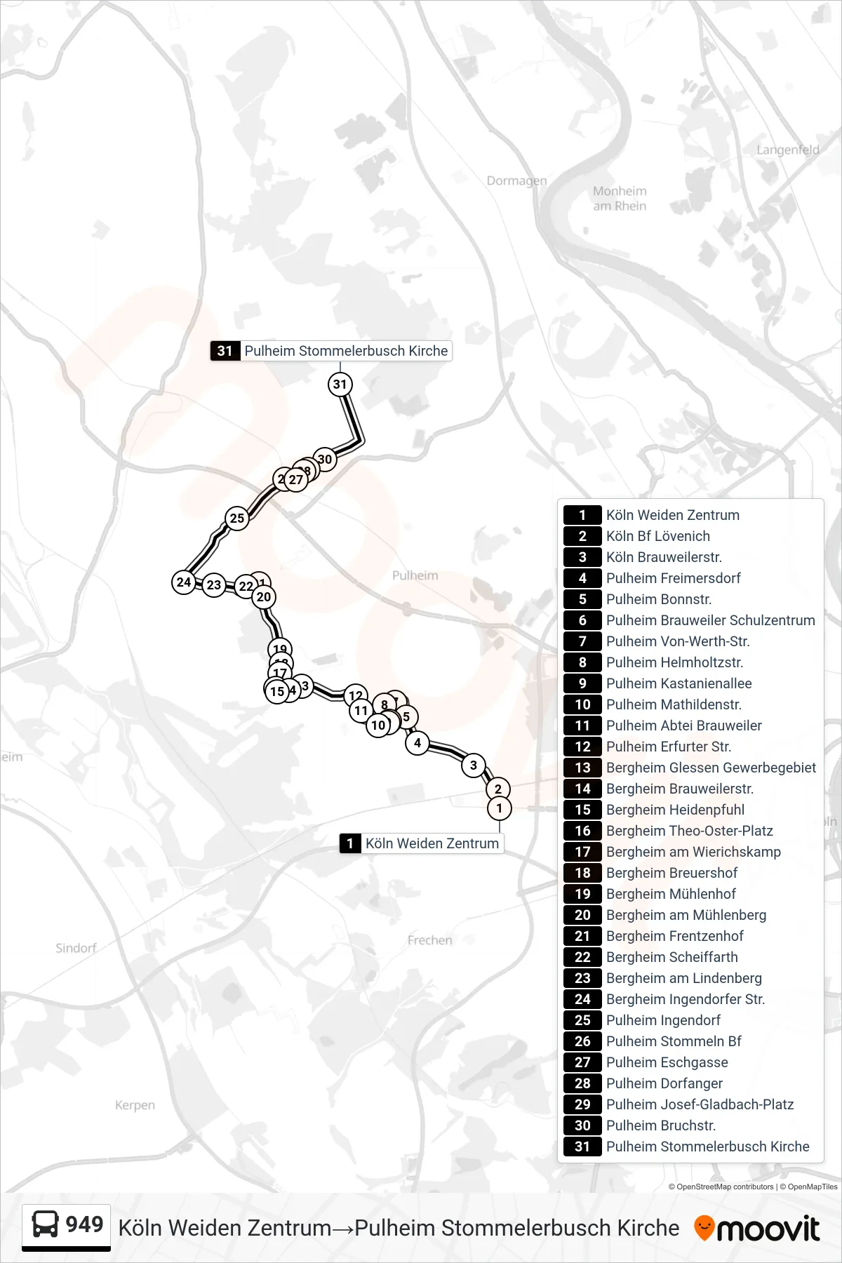 Linie 949 (Bus) Richtung Köln Weiden Zentrum‎→Pulheim Stommelerbusch Kirche: Route und Haltestellen auf der Karte