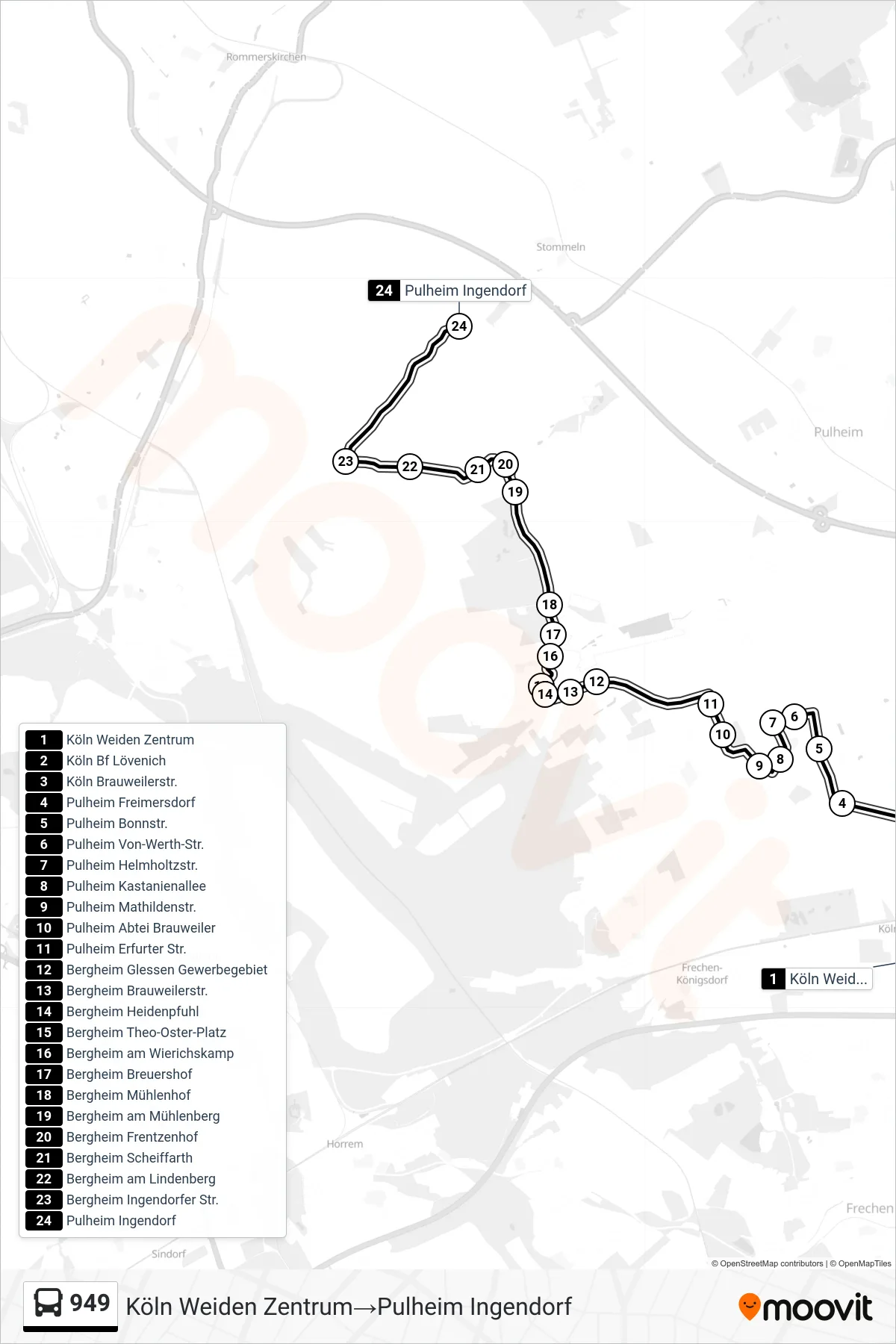 Linie 949 (Bus) Richtung Köln Weiden Zentrum→Pulheim Ingendorf: Route und Haltestellen auf der Karte