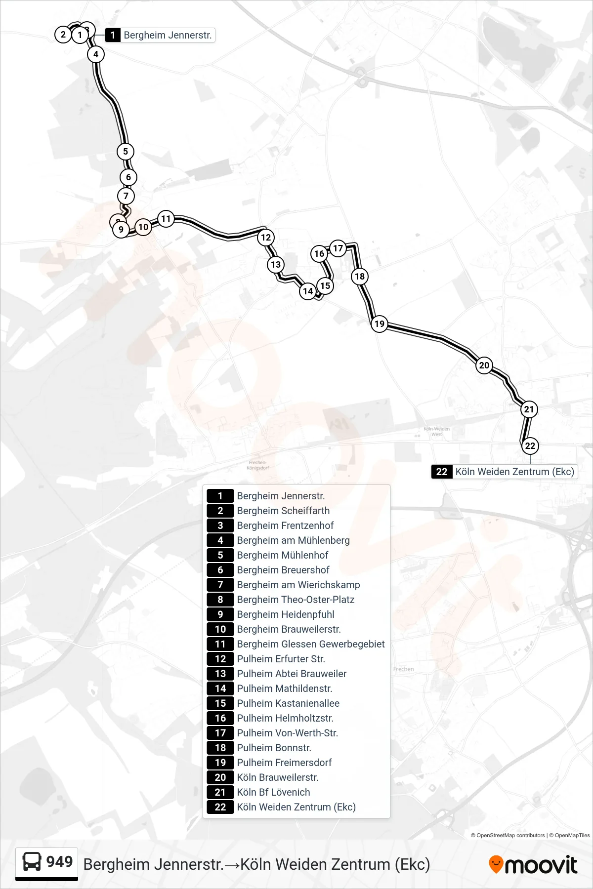 Linie 949 (Bus) Richtung Bergheim Jennerstr.‎→Köln Weiden Zentrum (Ekc): Route und Haltestellen auf der Karte