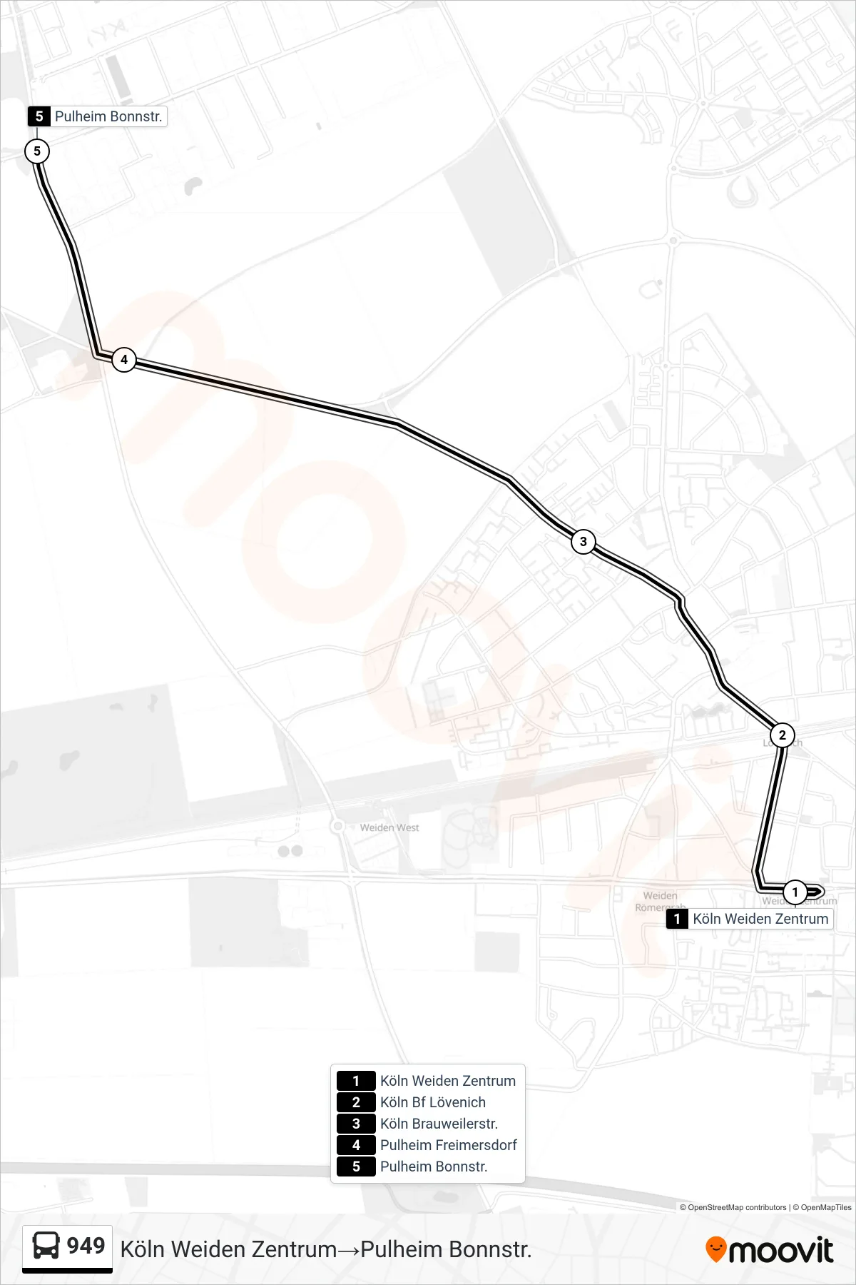 Linie 949 (Bus) Richtung Köln Weiden Zentrum‎→Pulheim Bonnstr.: Route und Haltestellen auf der Karte