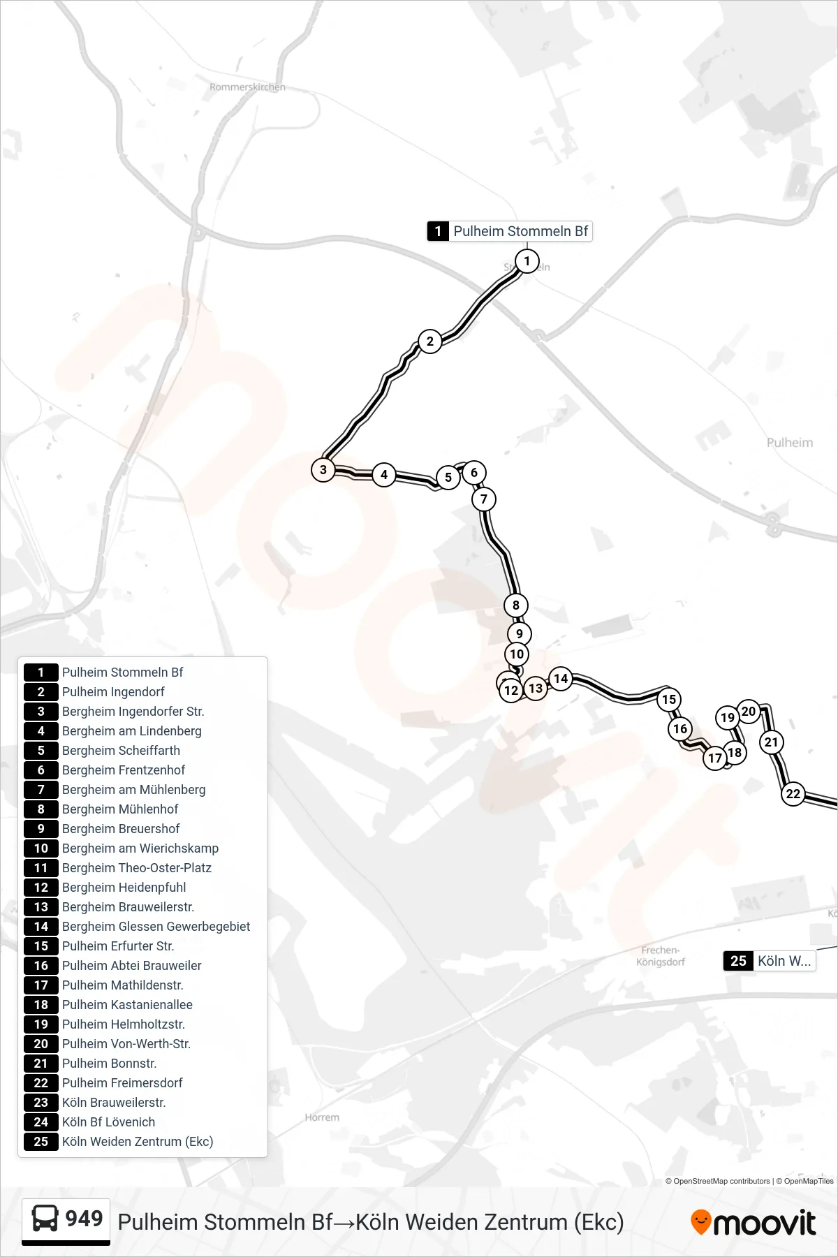 Linie 949 (Bus) Richtung Pulheim Stommeln Bf‎→Köln Weiden Zentrum (Ekc): Route und Haltestellen auf der Karte