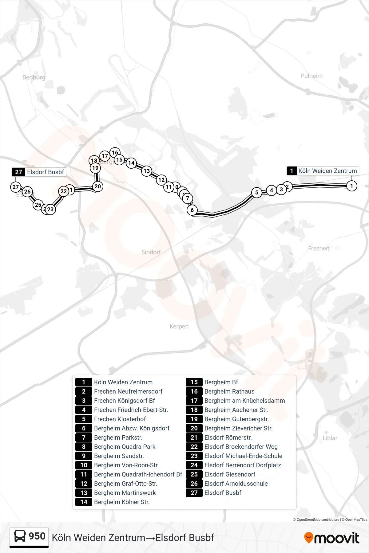 Linie 950 (Bus) Richtung Köln Weiden Zentrum‎→Elsdorf Busbf: Route und Haltestellen auf der Karte