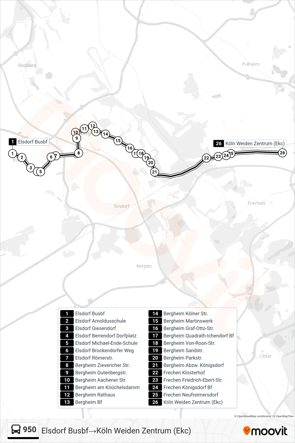 Linie 950 (Bus) Richtung Elsdorf Busbf→Köln Weiden Zentrum (Ekc): Route und Haltestellen auf der Karte
