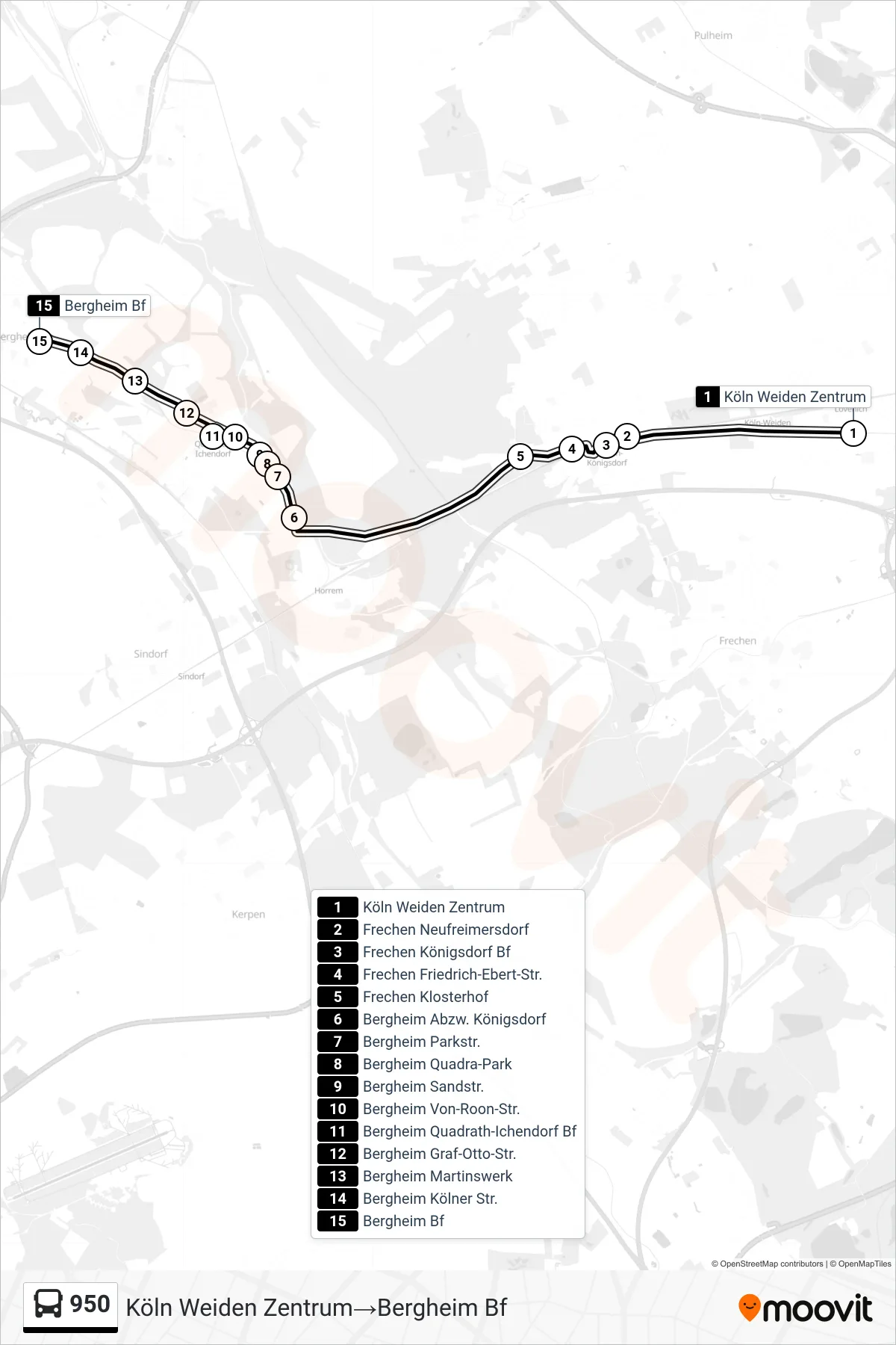 Linie 950 (Bus) Richtung Köln Weiden Zentrum→Bergheim Bf: Route und Haltestellen auf der Karte