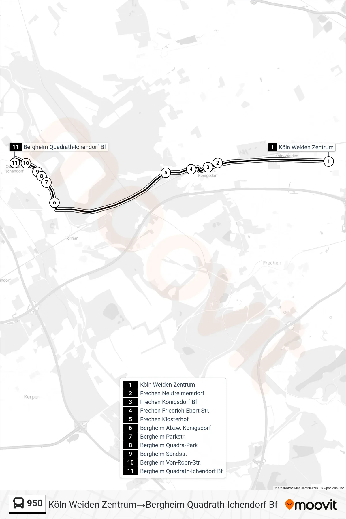 Linie 950 (Bus) Richtung Köln Weiden Zentrum‎→Bergheim Quadrath-Ichendorf Bf: Route und Haltestellen auf der Karte