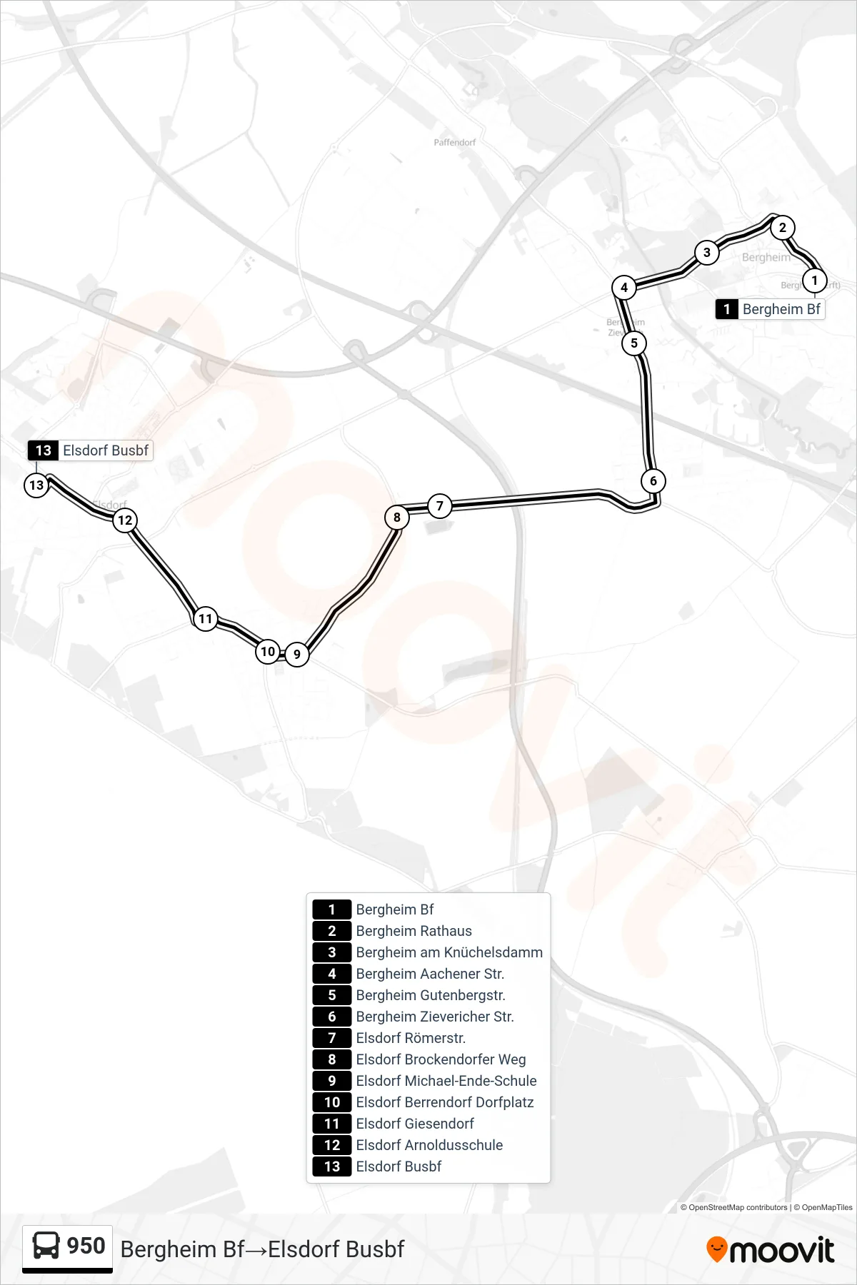 Linie 950 (Bus) Richtung Bergheim Bf‎→Elsdorf Busbf: Route und Haltestellen auf der Karte