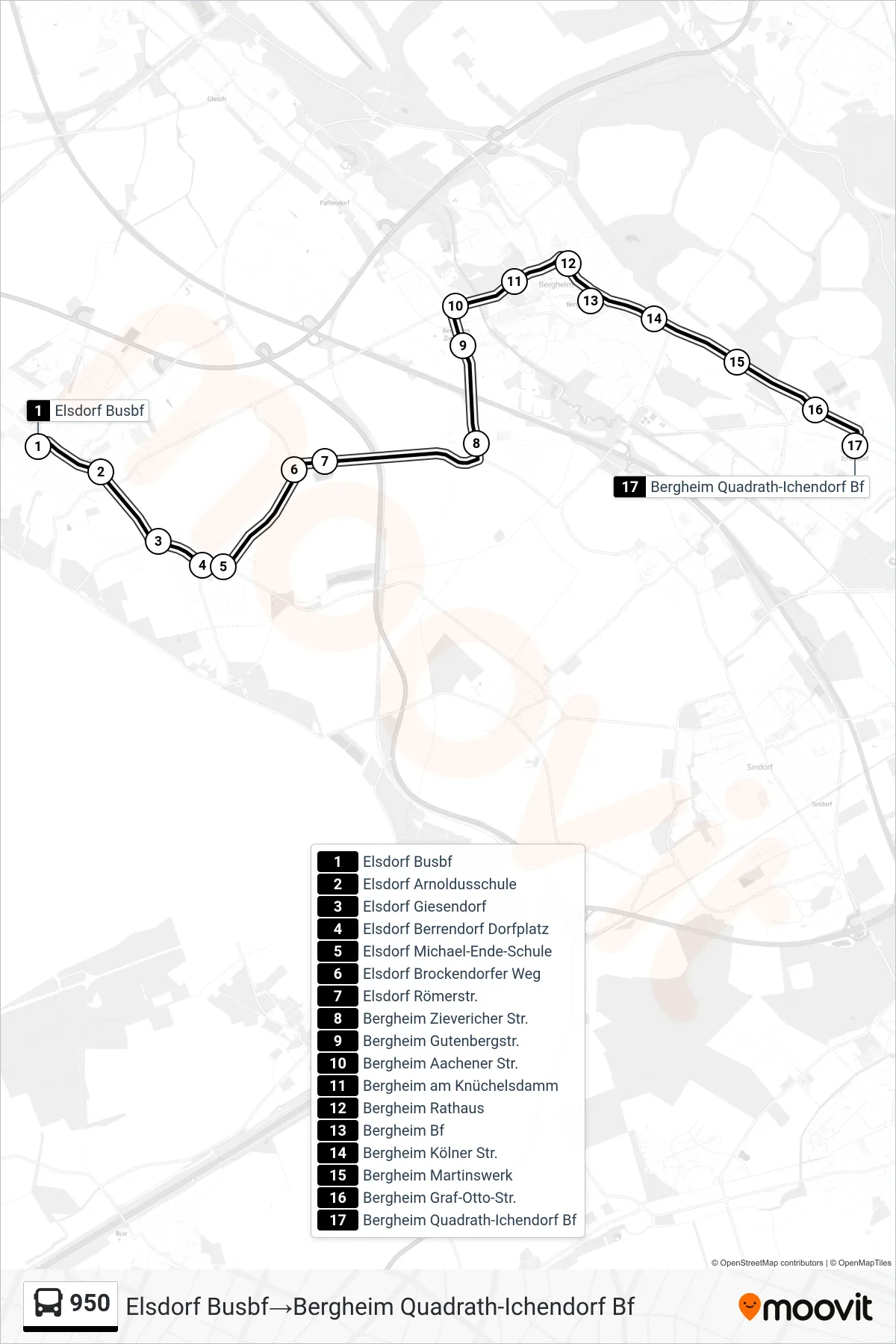 Linie 950 (Bus) Richtung Elsdorf Busbf→Bergheim Quadrath-Ichendorf Bf: Route und Haltestellen auf der Karte