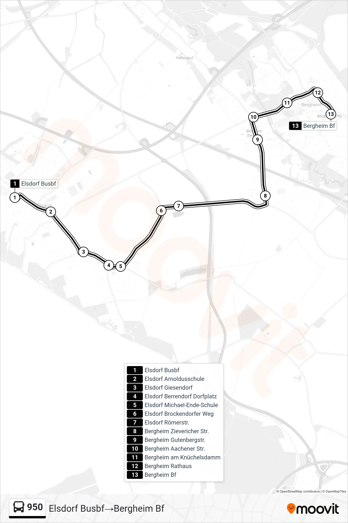 Linie 950 (Bus) Richtung Elsdorf Busbf‎→Bergheim Bf: Route und Haltestellen auf der Karte
