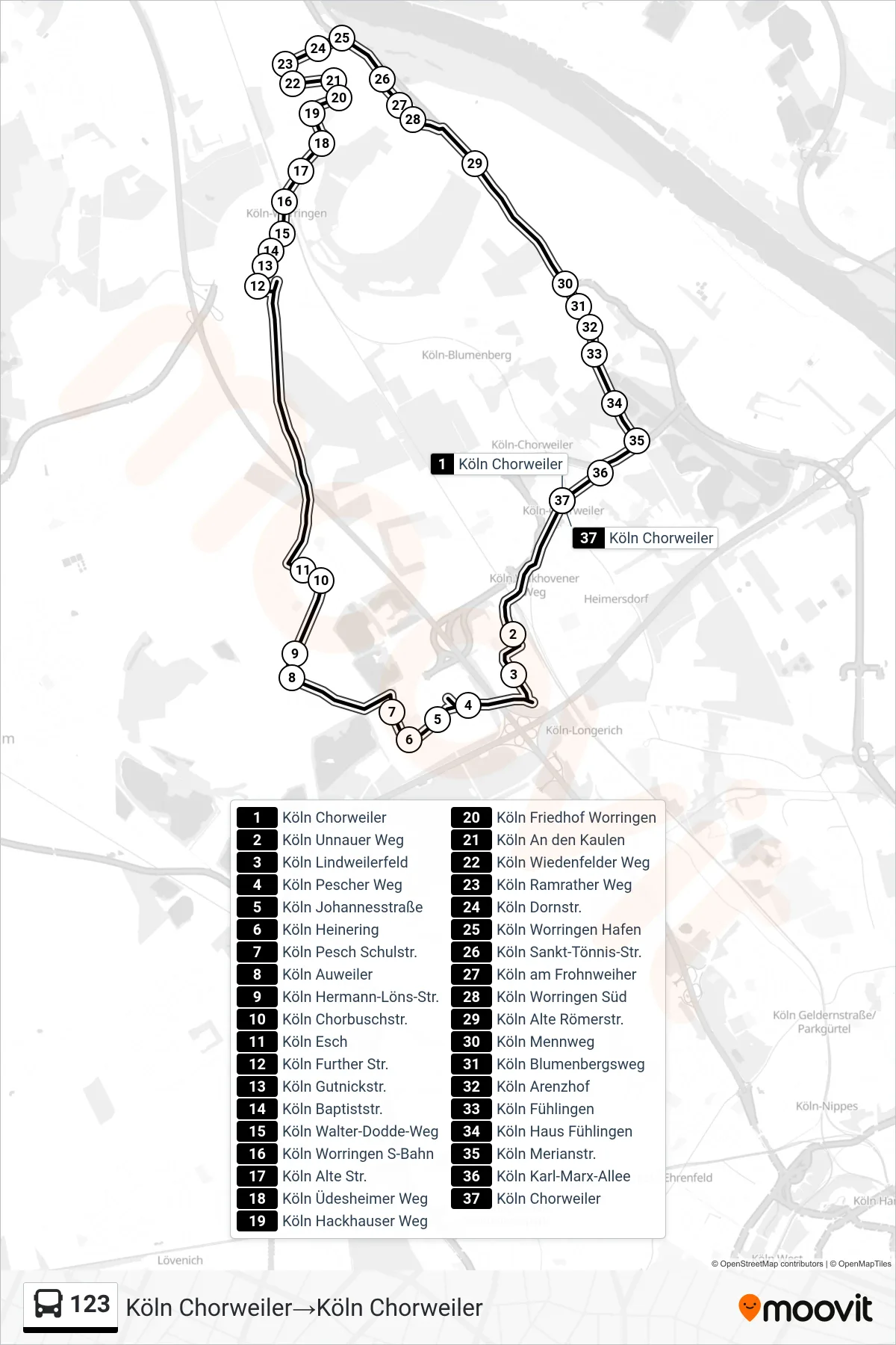 Linie 123 (Bus) Richtung Köln Chorweiler‎→Köln Chorweiler: Route und Haltestellen auf der Karte