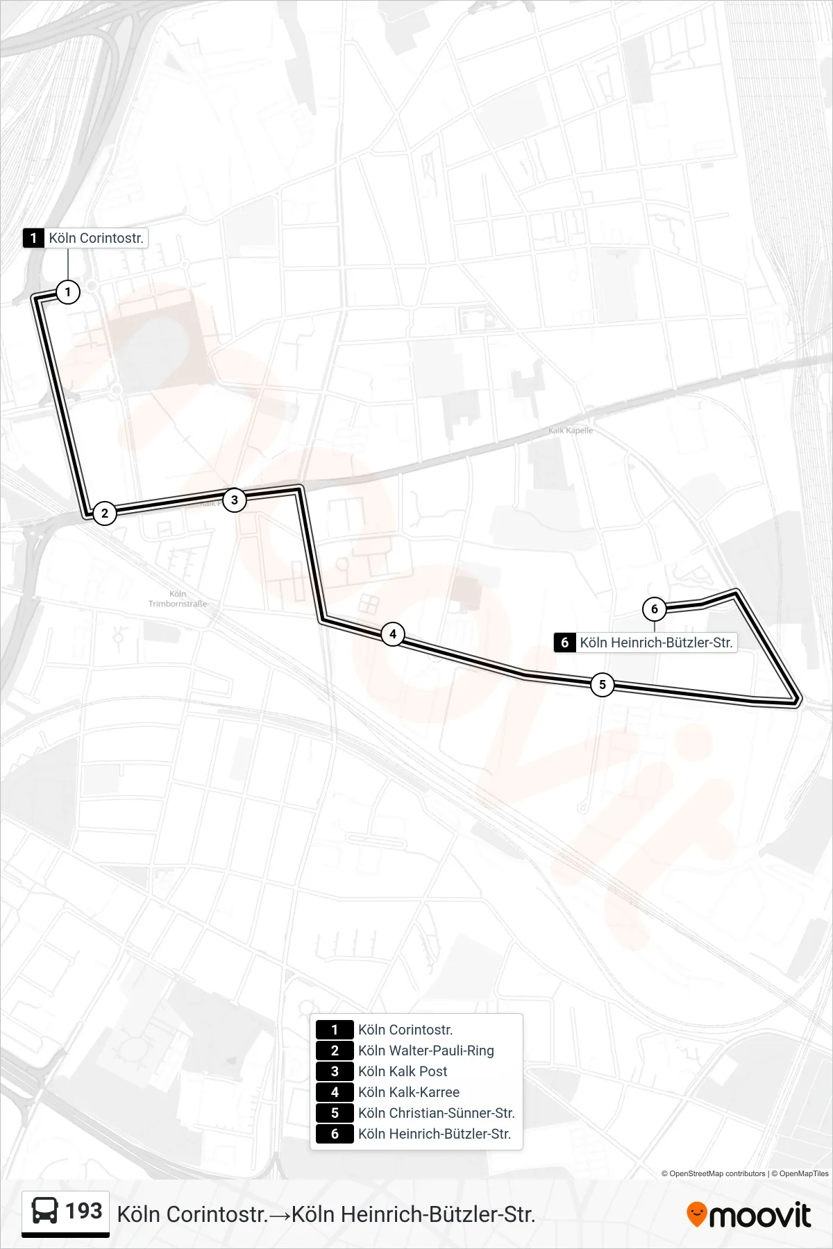 Linie 193 (Bus) Richtung Köln Corintostr.→Köln Heinrich-Bützler-Str.: Route und Haltestellen auf der Karte