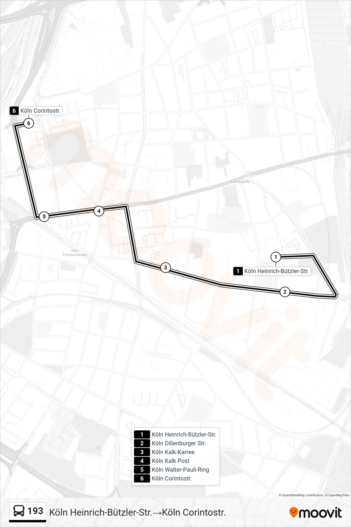 Linie 193 (Bus) Richtung Köln Heinrich-Bützler-Str.‎→Köln Corintostr.: Route und Haltestellen auf der Karte