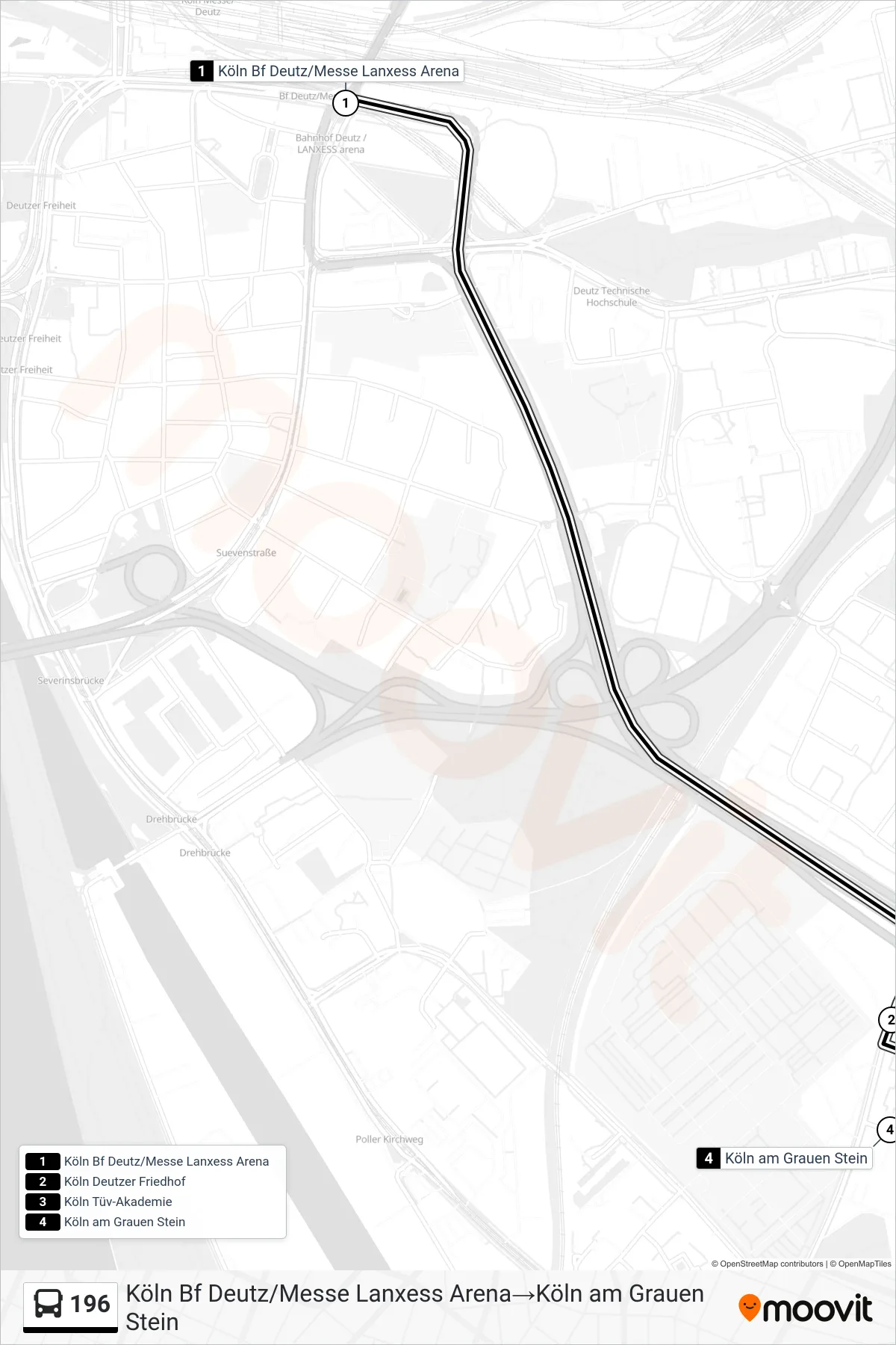 Linie 196 (Bus) Richtung Köln Bf Deutz/Messe Lanxess Arena→Köln am Grauen Stein: Route und Haltestellen auf der Karte