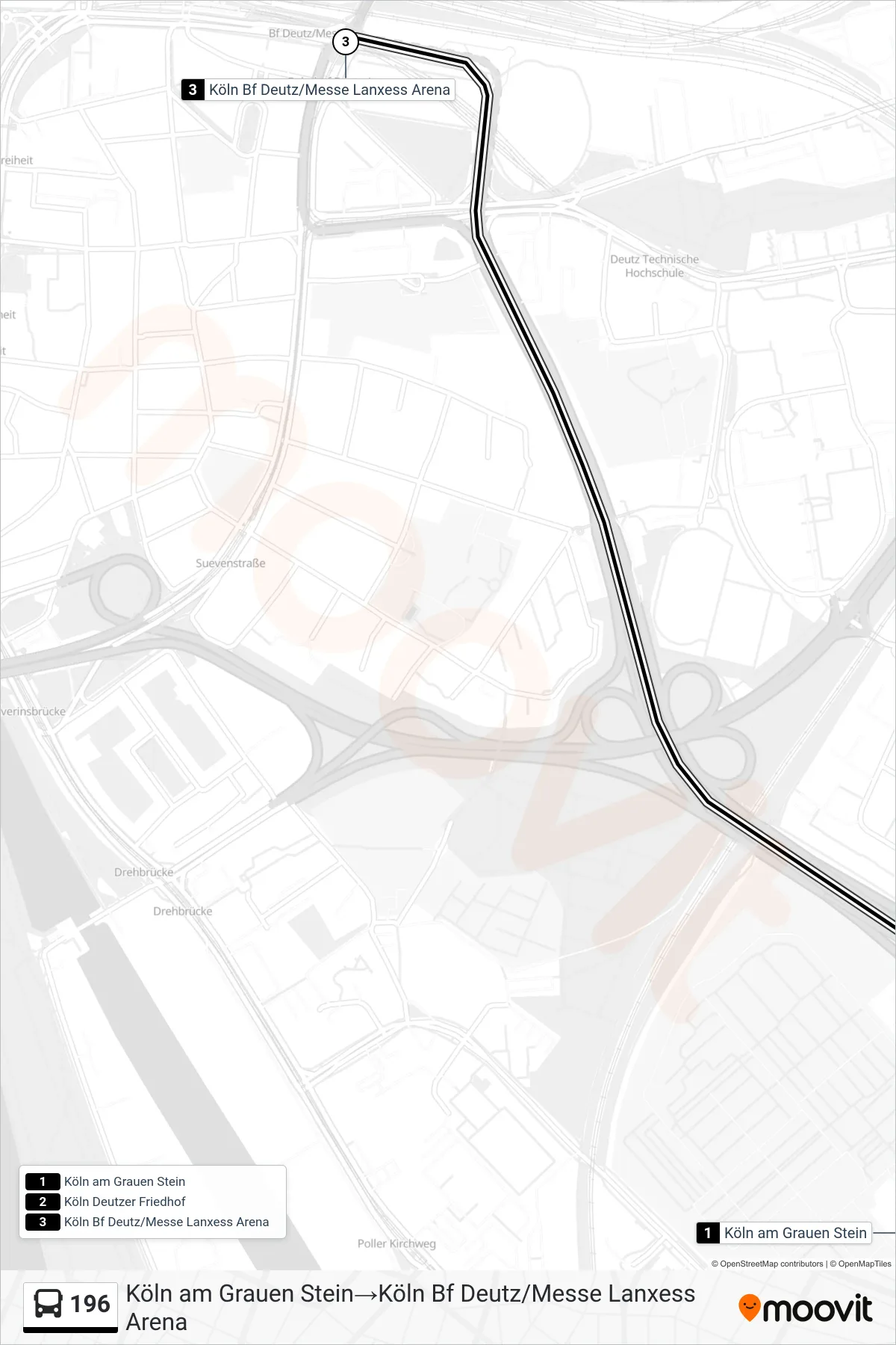 196 bus Line (Köln am Grauen Stein→Köln Bf Deutz/Messe Lanxess Arena) route and stops on a map