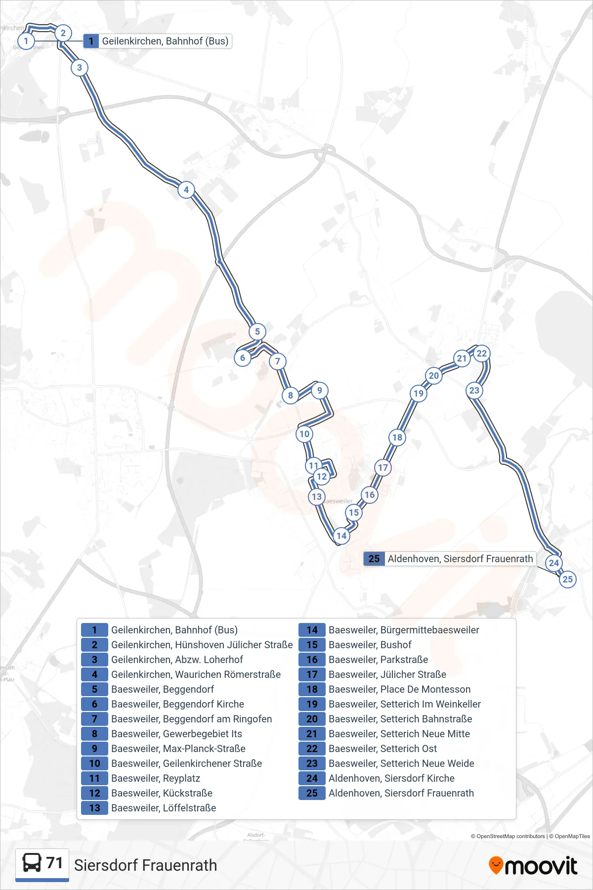 71 bus Line (Siersdorf Frauenrath) route and stops on a map