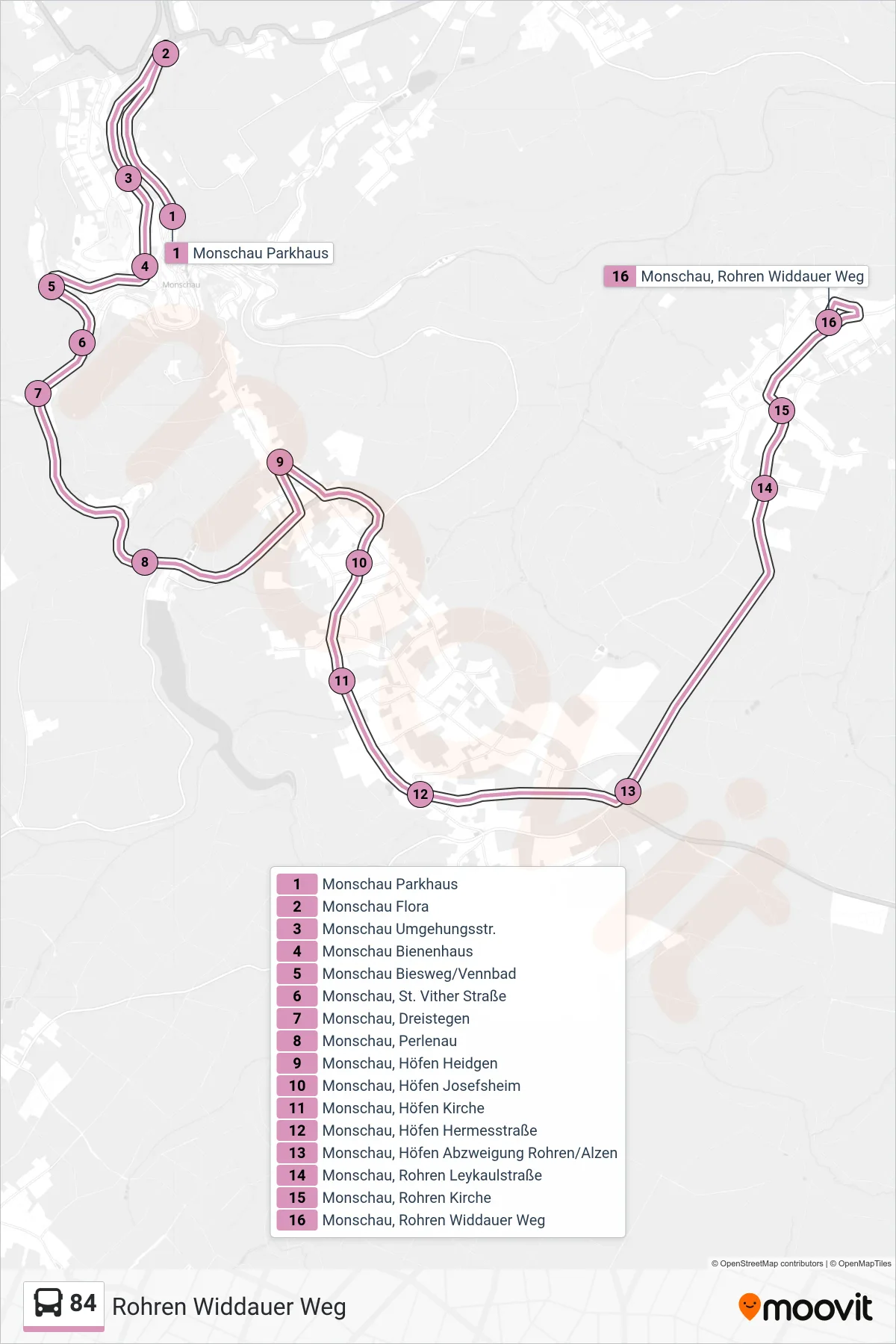 Linie 84 (Bus) Richtung Rohren Widdauer Weg: Route und Haltestellen auf der Karte