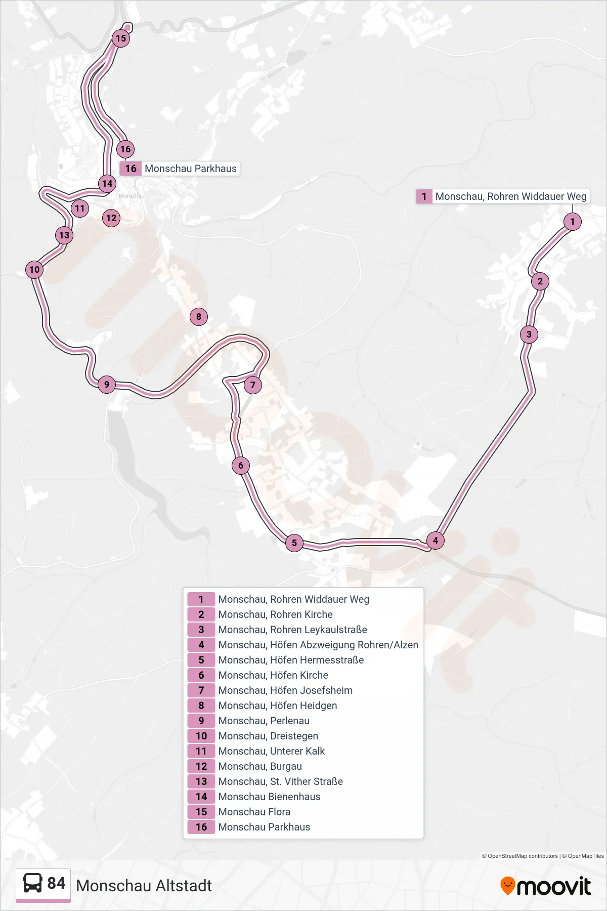 Linie 84 (Bus) Richtung Monschau Altstadt: Route und Haltestellen auf der Karte