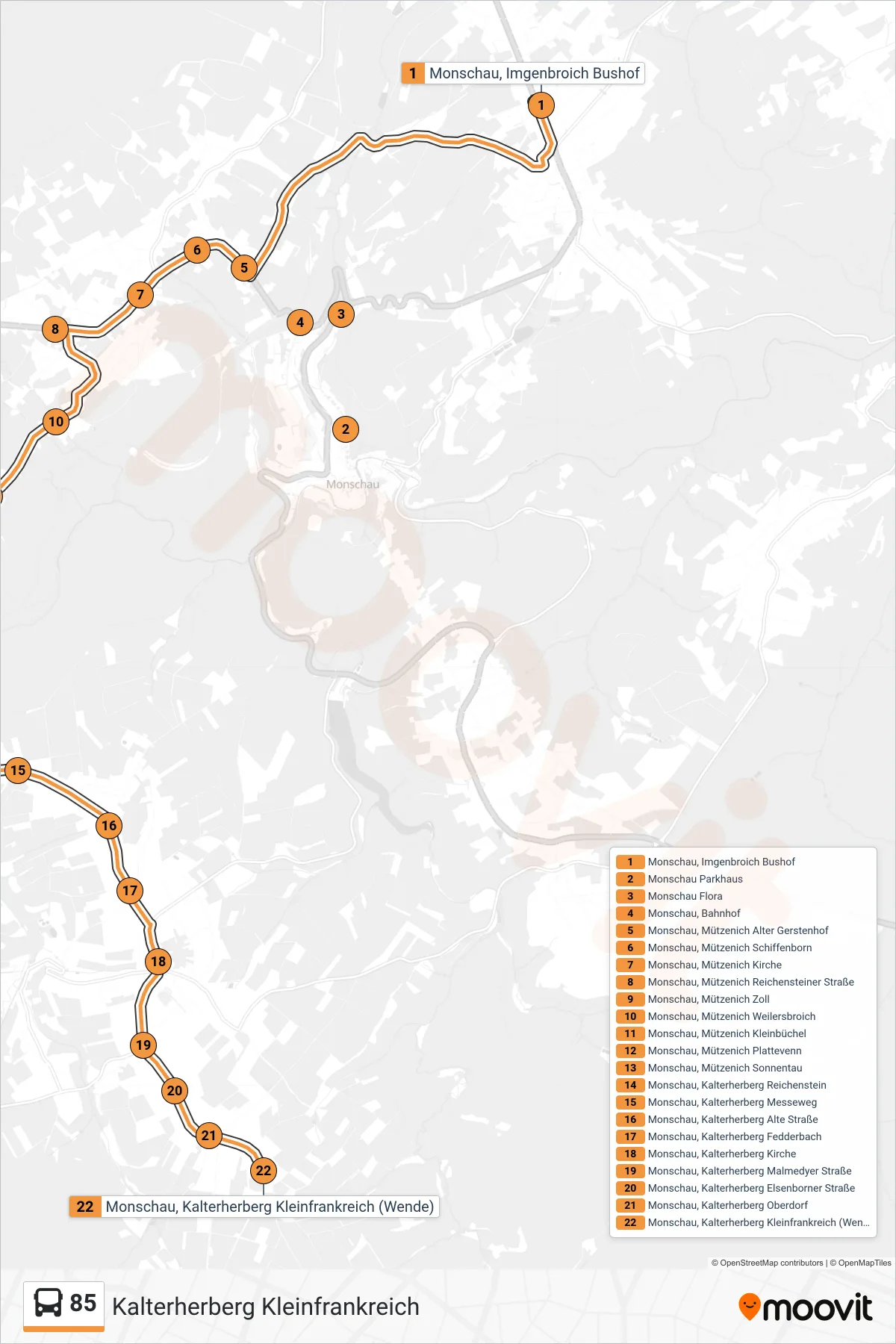 85 bus Line (Kalterherberg Kleinfrankreich) route and stops on a map
