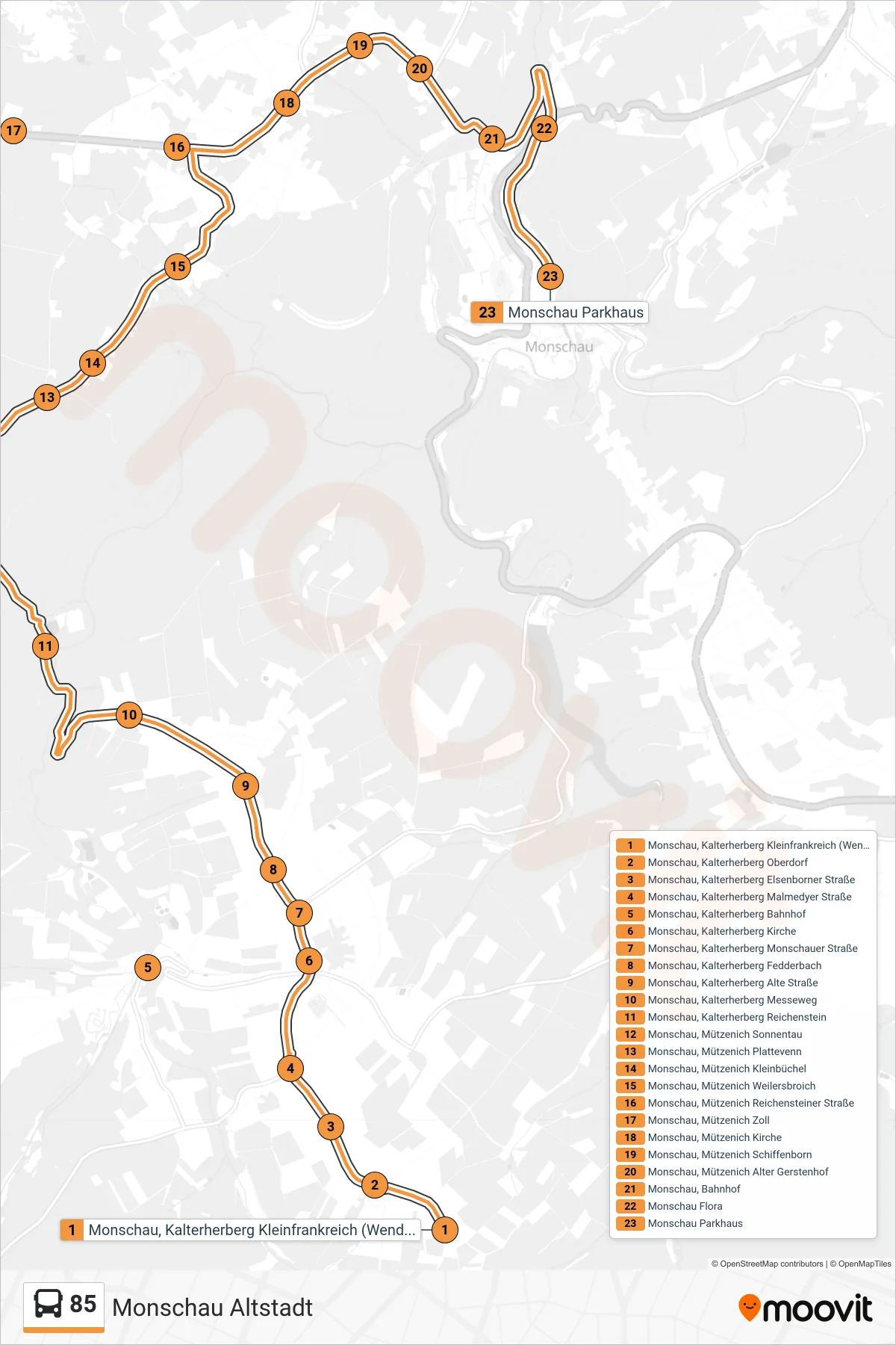 85 bus Line (Monschau Altstadt) route and stops on a map