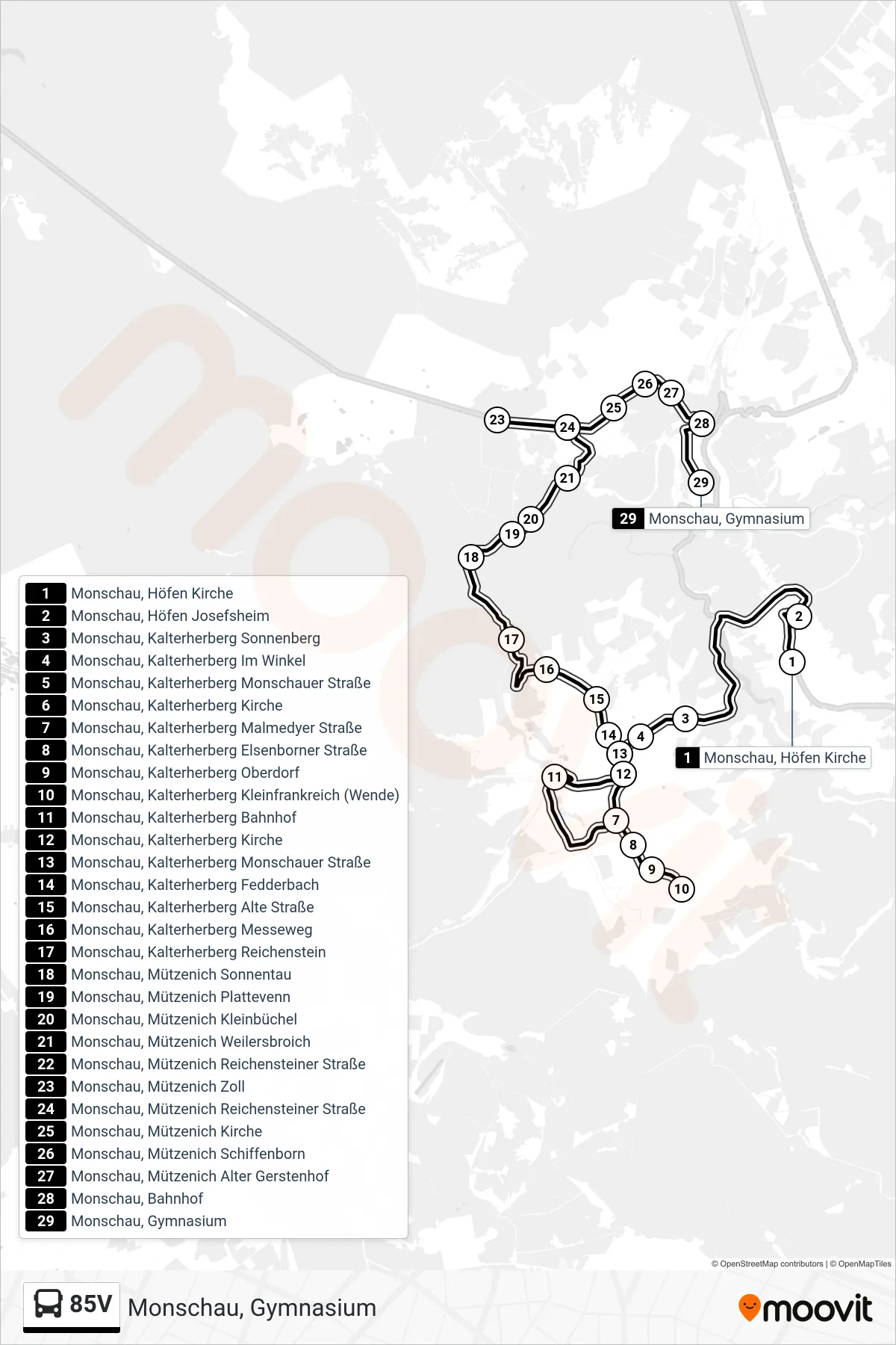 85V bus Line (Monschau, Gymnasium) route and stops on a map