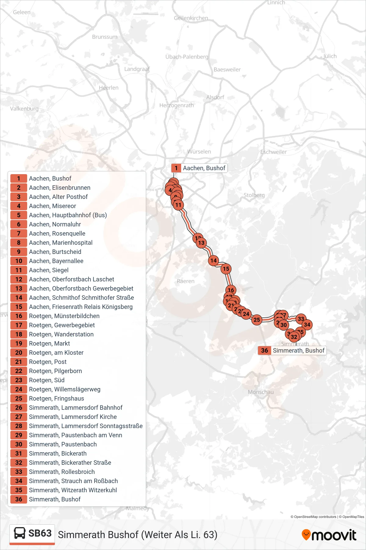Linie SB63 (Bus) Richtung Simmerath Bushof (Weiter Als Li. 63): Route und Haltestellen auf der Karte