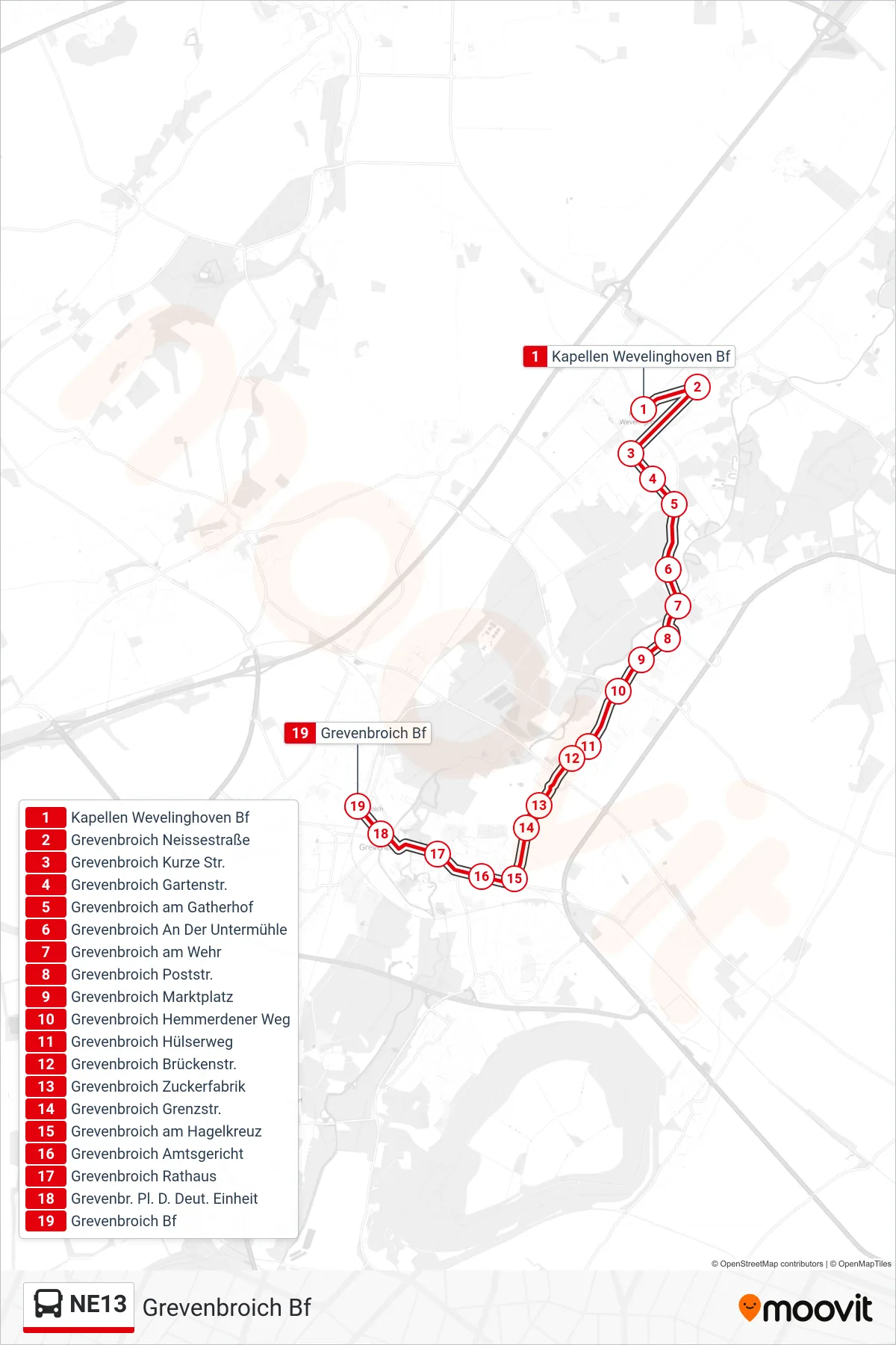 Linie NE13 (Bus) Richtung Grevenbroich Bf: Route und Haltestellen auf der Karte